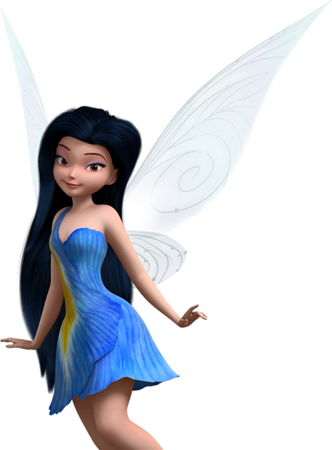 Fairy Wings 桌布 壁紙 — 一位快樂的藍翼仙女穿著飄逸的藍色連衣裙，在黑暗背景前微笑站立。