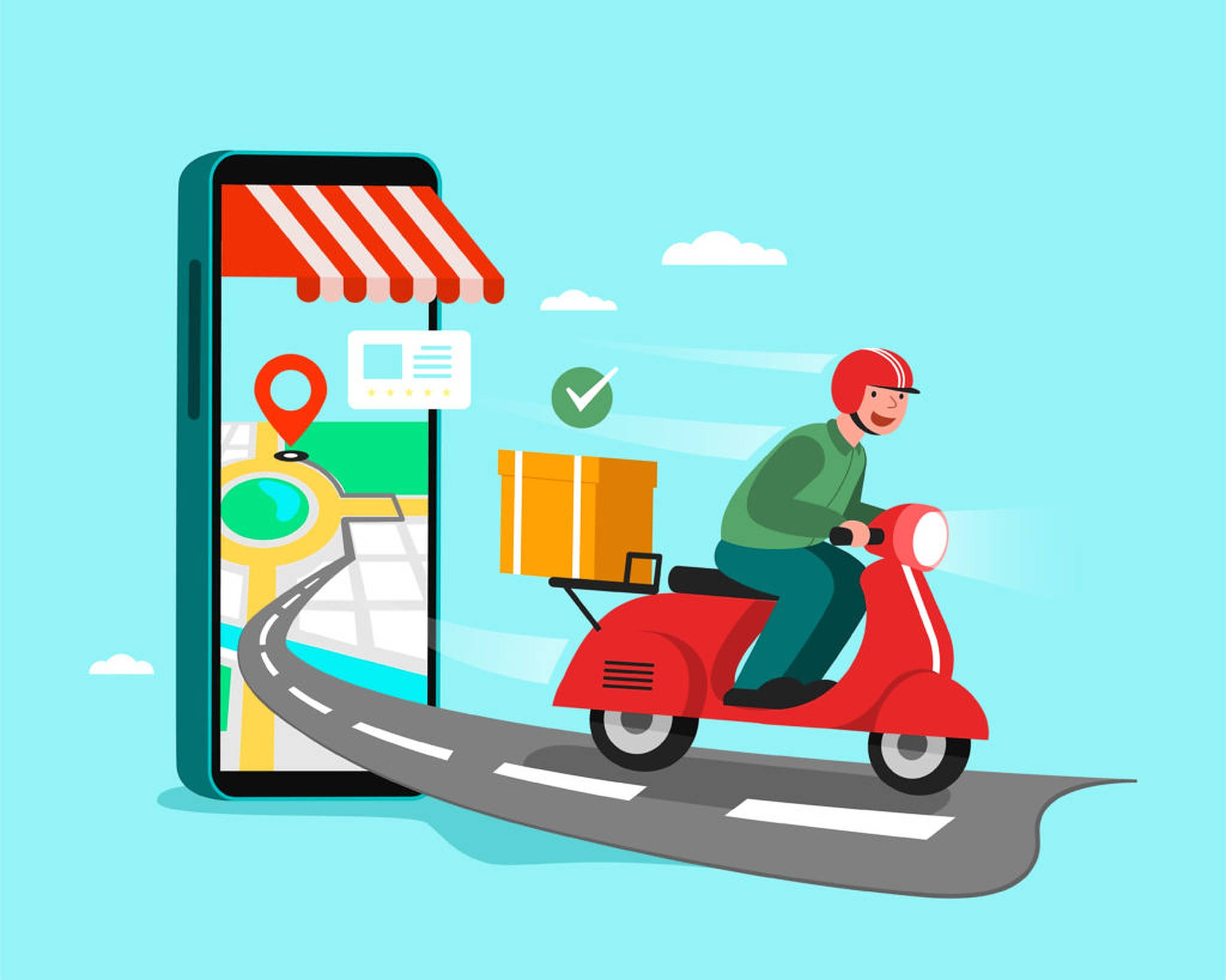 Delivery 桌布 壁紙 — 一位快樂的送貨員騎著紅色機車從顯示地圖、商店和勾號的智慧型手機中出現。