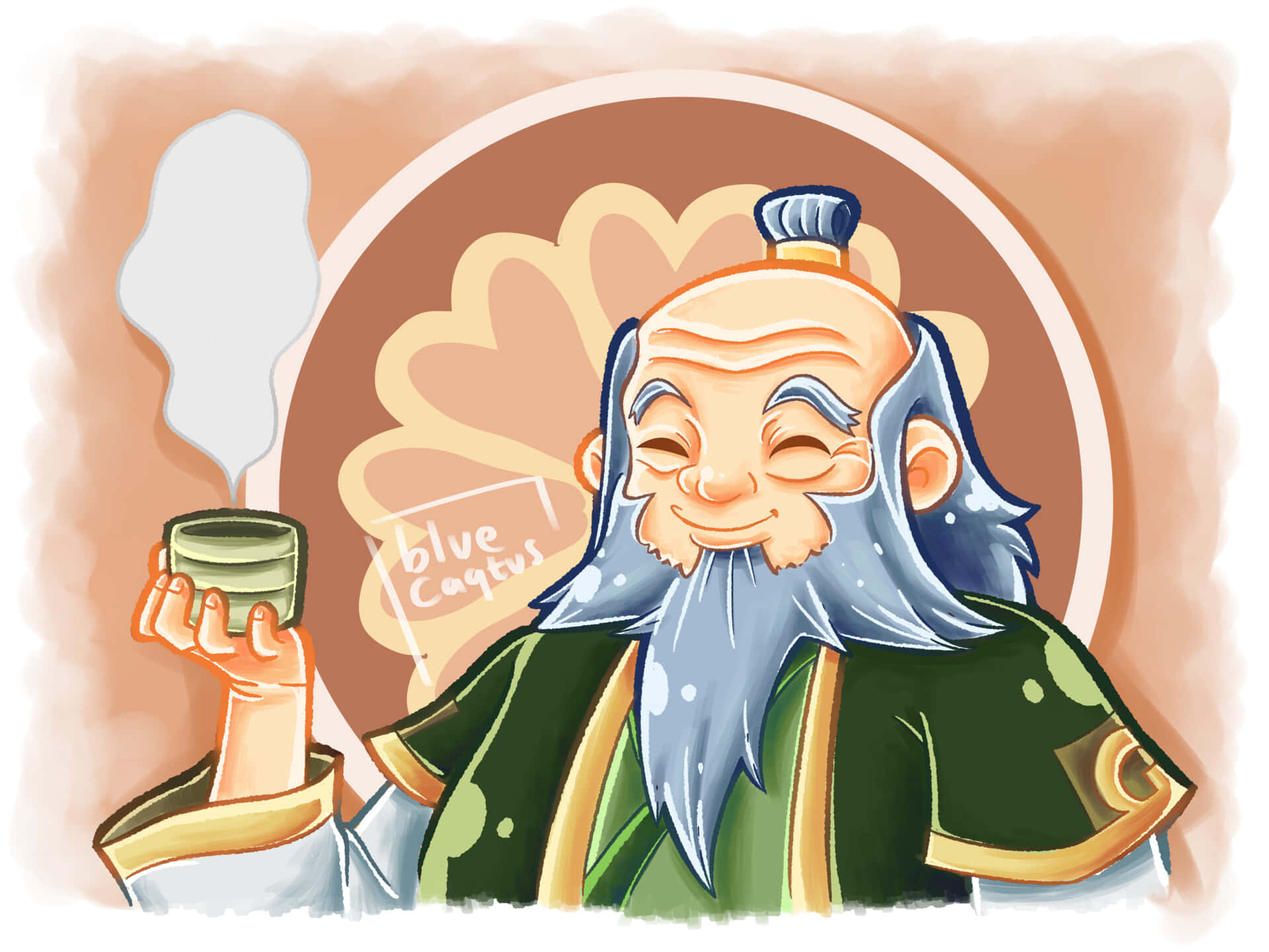 Uncle Iroh 桌布 壁紙 — 一位快樂的長鬚藍鬍子老賢者，在溫暖的水彩插圖中啜飲著熱氣騰騰的茶。