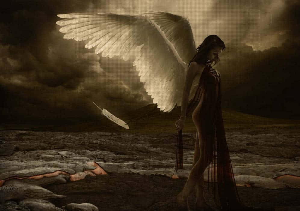 天使 桌布 壁紙 — 一位悲傷的天使，擁有巨大的白色翅膀，在暴風雨的天空下走過荒涼的戰場。
