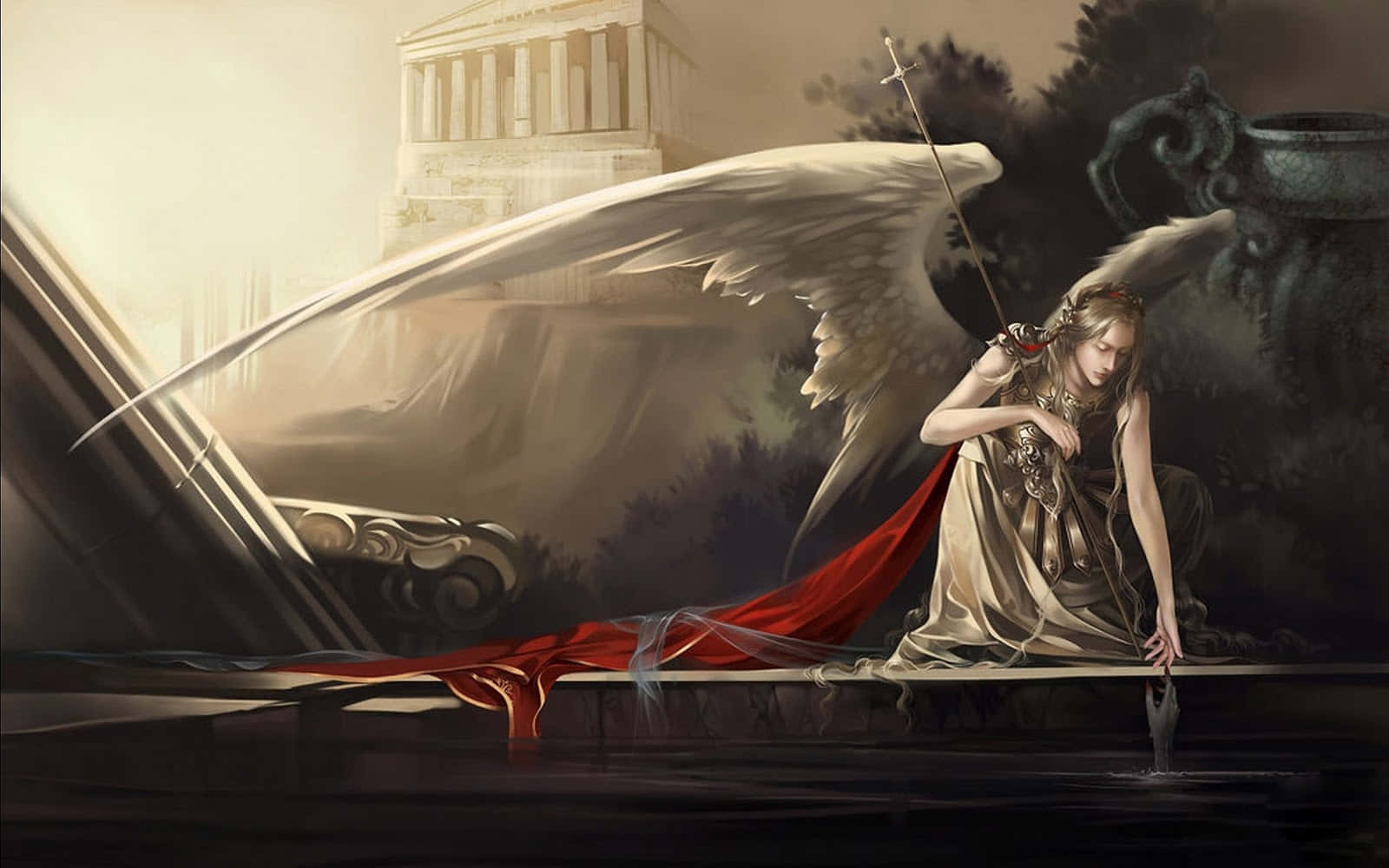 angels 桌布 壁紙 — 一位悲傷的天使，白色翅膀，跪在水邊，手持劍，靠近經典廢墟，在朦朧光線下。