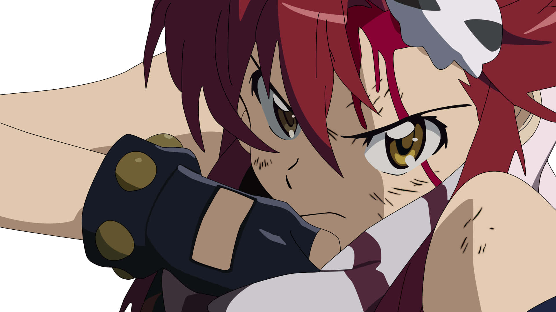 yoko littner 桌布 壁紙 — 一位意志堅定的動漫女孩，紅髮金眼，在激烈的特寫中緊握武器。