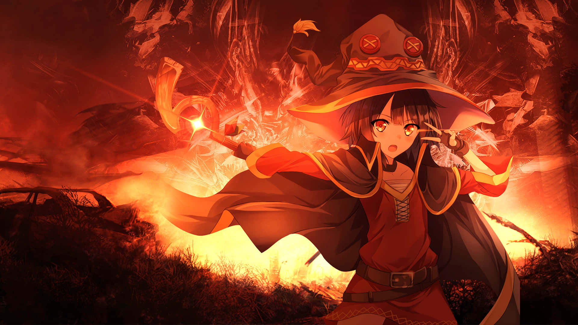 Konosuba God's Blessing On This Wonderful World 桌布 壁紙 — 一位意志堅定的動漫女巫，戴著紅色帽子，在黑暗煙霧瀰漫的風景中，於烈火毀滅之中揮舞著發光的法杖。