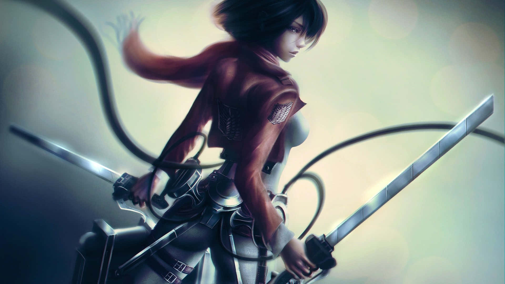 Red And Black Anime 桌布 壁紙 — 一位意志堅定的動漫戰士，留著黑色短髮，身穿紅色外套和裝備，在柔和的模糊背景中揮舞雙劍。