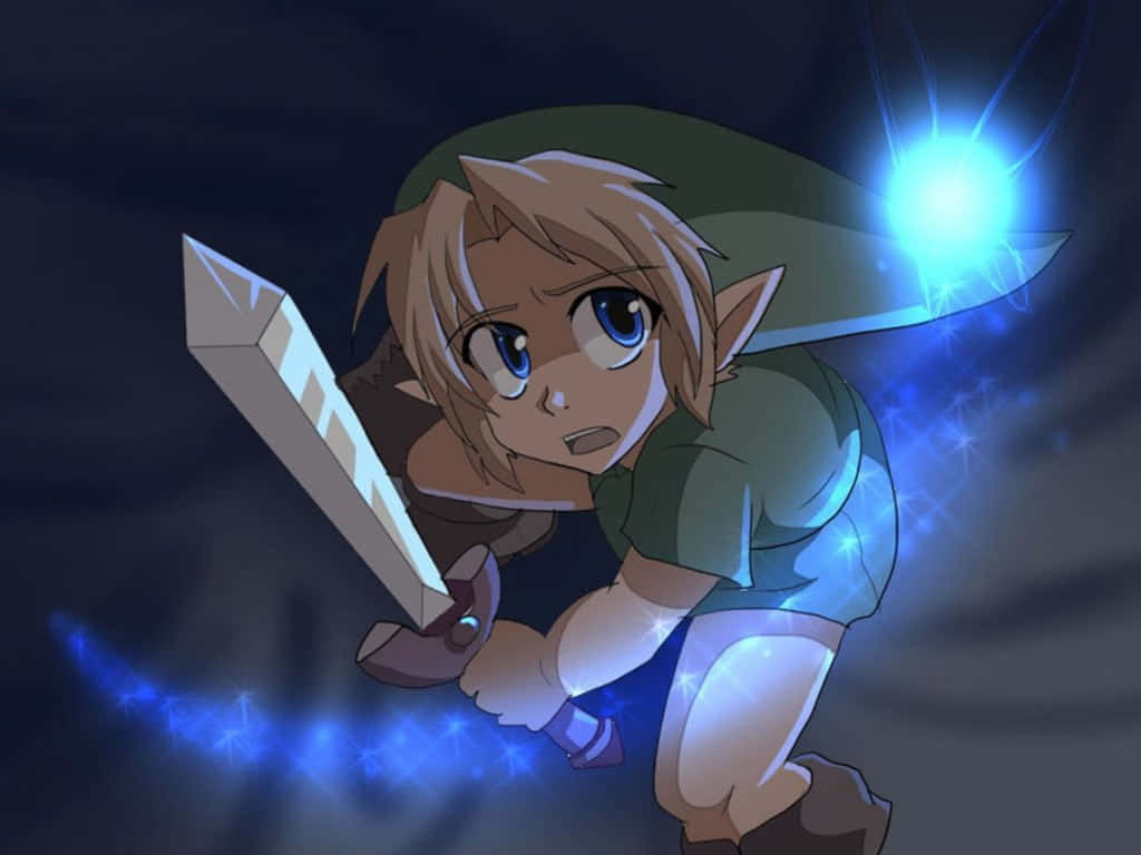 The Legend Of Zelda Navi 桌布 壁紙 — 一位意志堅定的動畫英雄，長著尖耳朵，在黑暗暴風雨的背景下揮舞著發光的藍色劍。