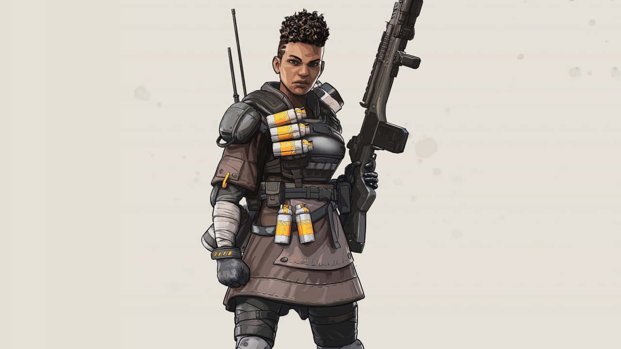 720p Apex Legends 桌布 壁紙 — 一位意志堅定的士兵，捲髮，身著全套戰鬥裝備，手持步槍和手榴彈，背景為柔和的米色。