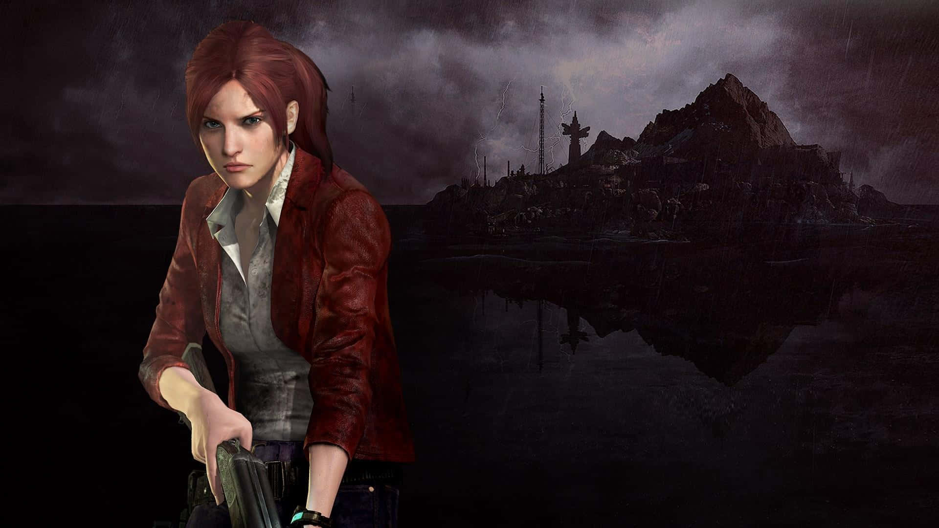 Resident Evil Revelations 2 桌布 壁紙 — 一位意志堅定的紅髮女子身穿皮夾克，在黑暗風暴背景和神秘島嶼剪影前持槍。