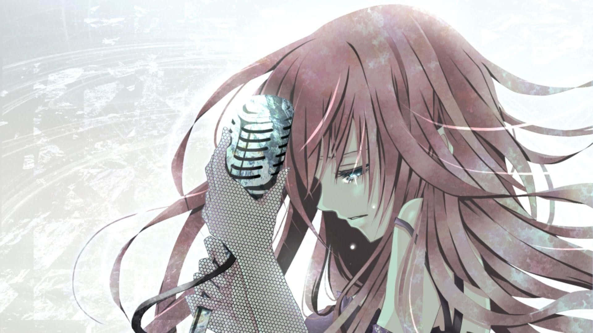 Vocaloid 桌布 壁紙 — 一位憂鬱的動漫女孩，長長粉紅色頭髮，在紋理淺灰色背景前拿著復古麥克風。