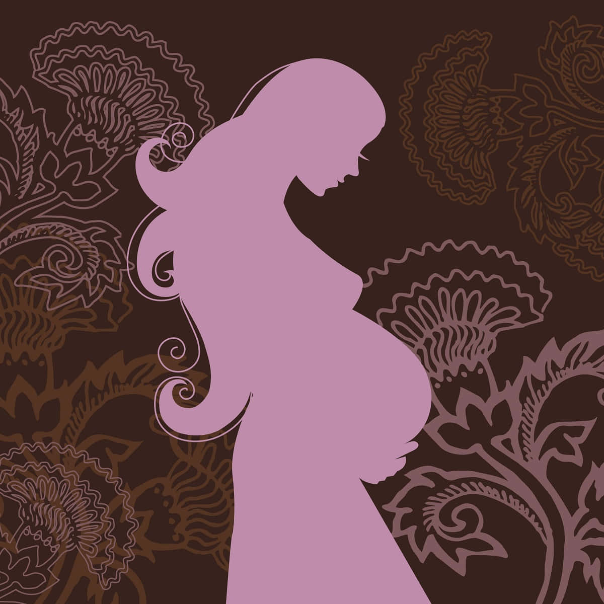 Pregnant 桌布 壁紙 — 一位懷孕女士的柔和薰衣草色剪影，秀髮飄逸，站在裝飾性棕色花卉圖案背景前。
