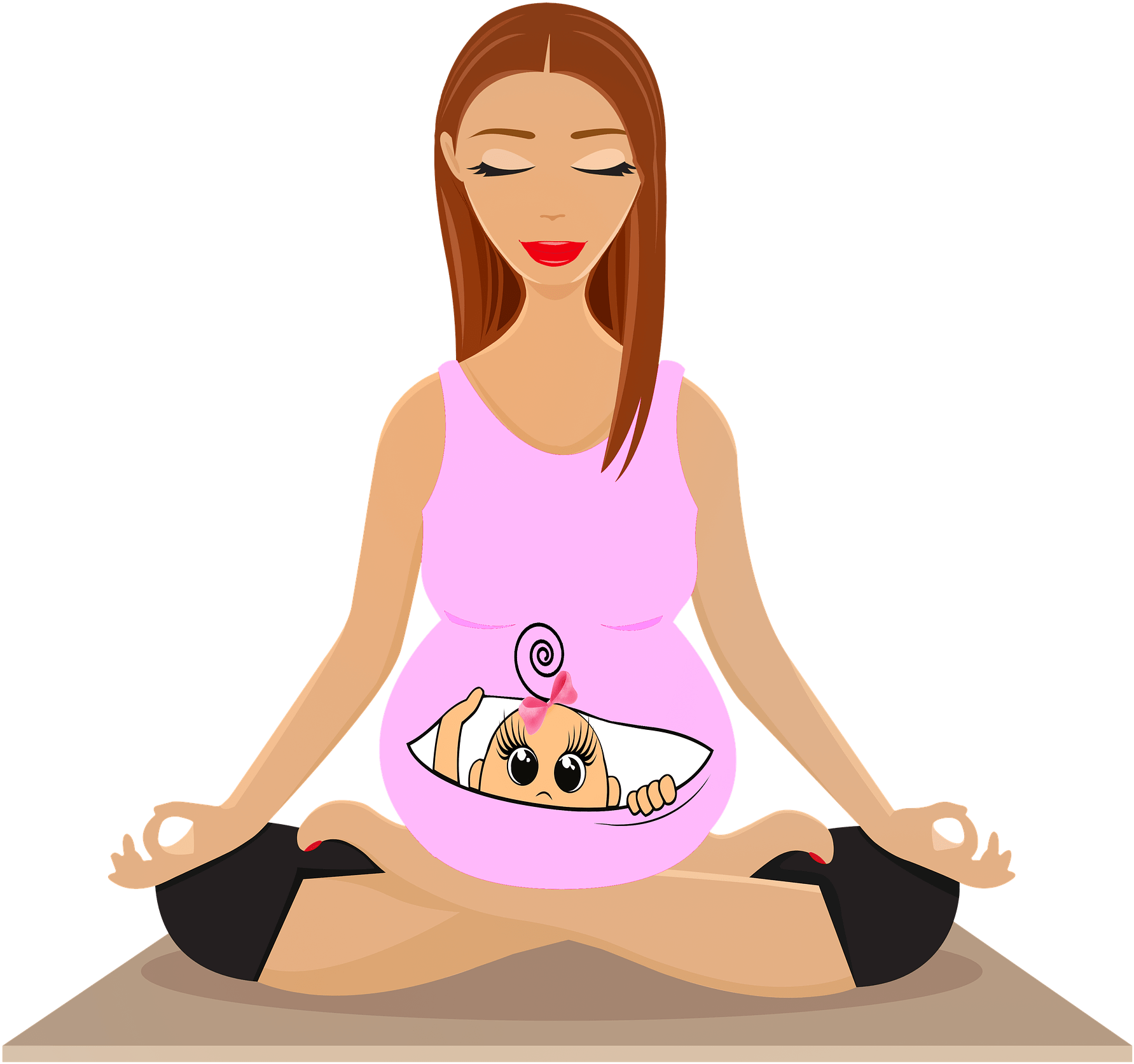 Mom 桌布 壁紙 — 一位懷孕的卡通女性盤腿冥想，一個戴著粉紅色蝴蝶結的嬰兒從她的肚子裡探出頭來。