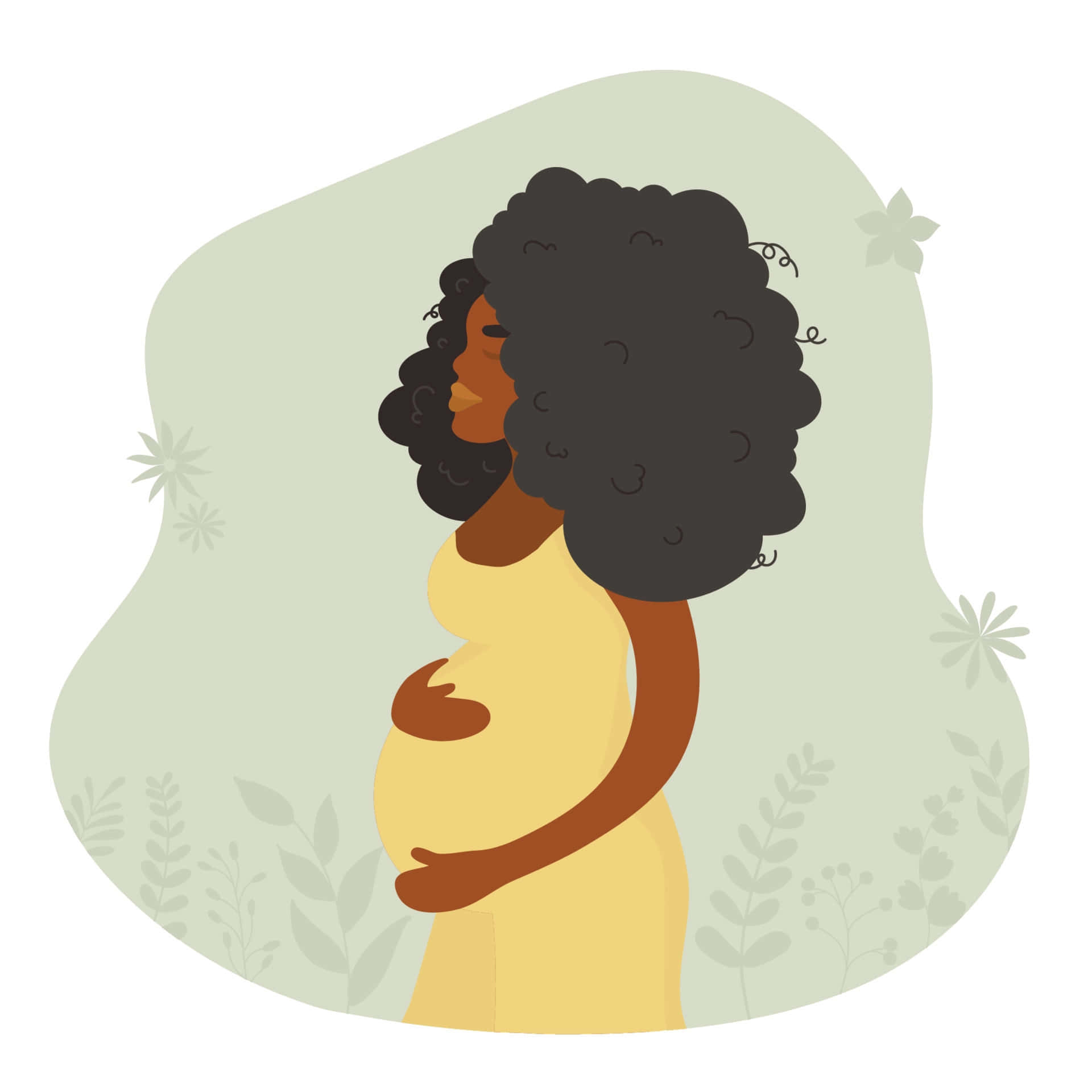 pregnancy 桌布 壁紙 — 一位懷孕的大爆炸頭女性，在柔和的綠色背景上，輕柔地抱著她的肚子，背景有細緻的花卉圖案。