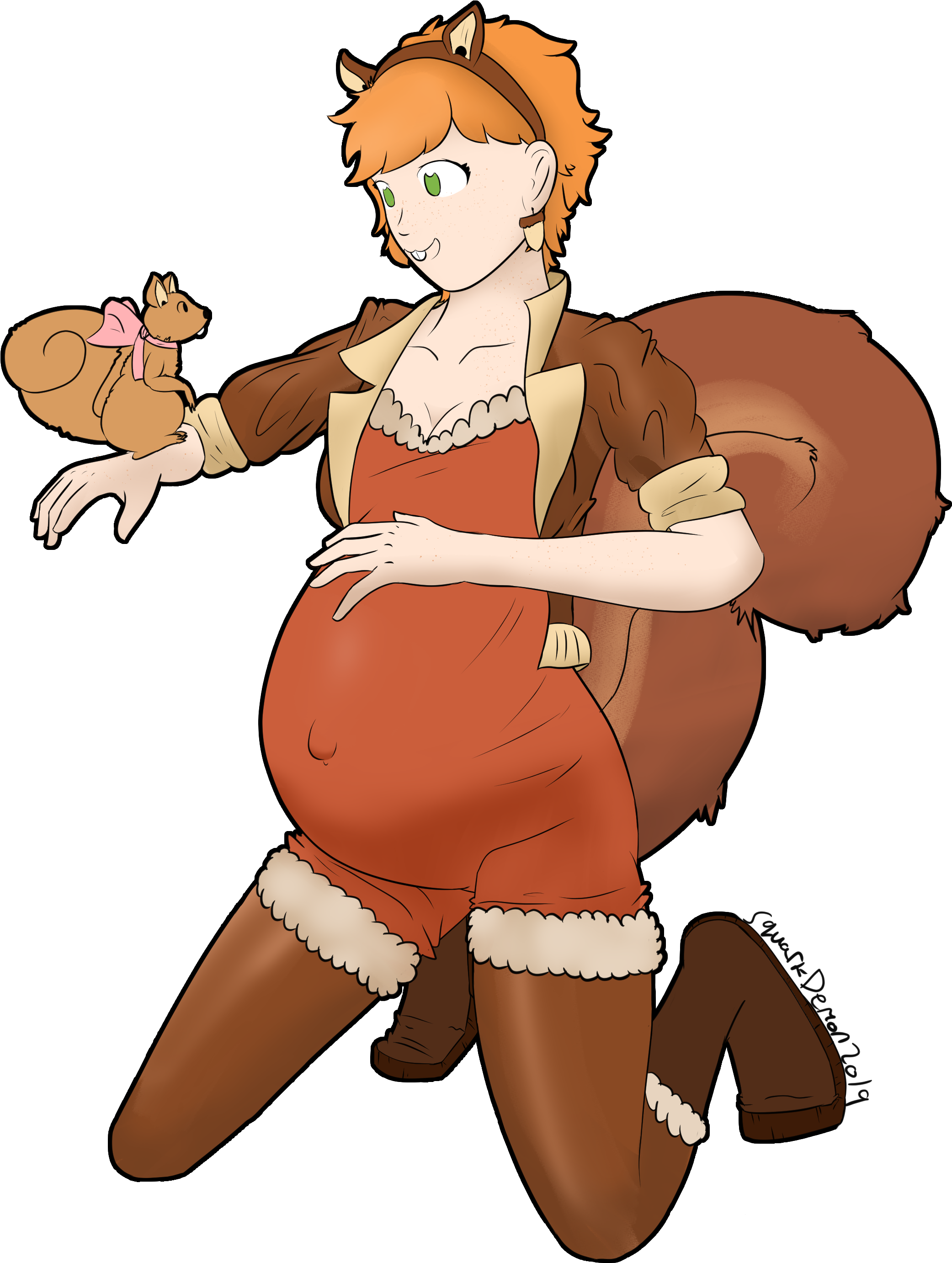 Pregnant Belly 桌布 壁紙 — 一位懷孕的擬人化松鼠女性，身穿棕色毛皮服裝，跪著抱著一隻帶有粉紅色蝴蝶結的小松鼠。