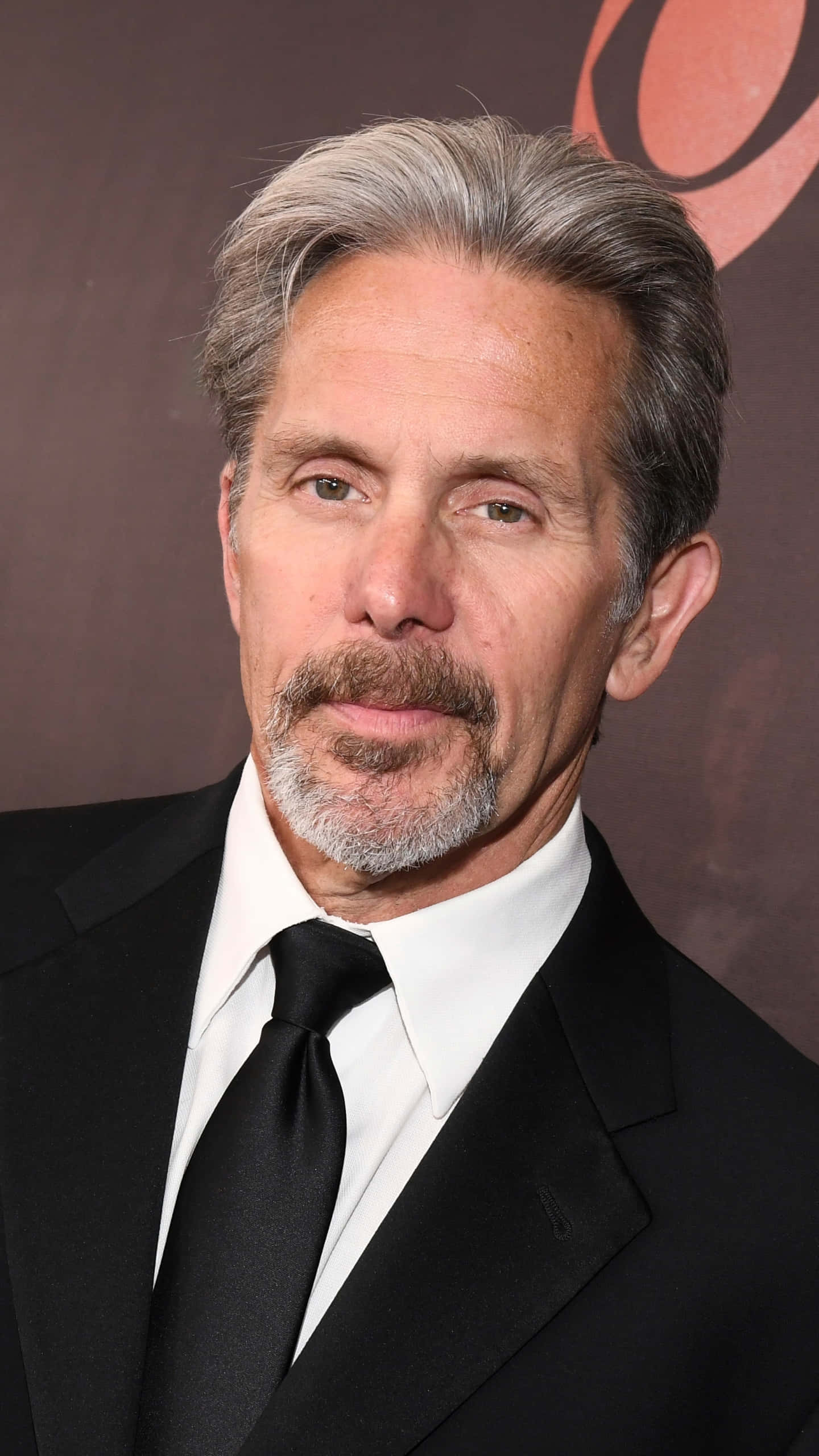 Gary Cole 桌布 壁紙 — 一位成熟男士的近距离肖像，灰白頭髮和鬍鬚，穿著黑色西裝和領帶，背景昏暗。