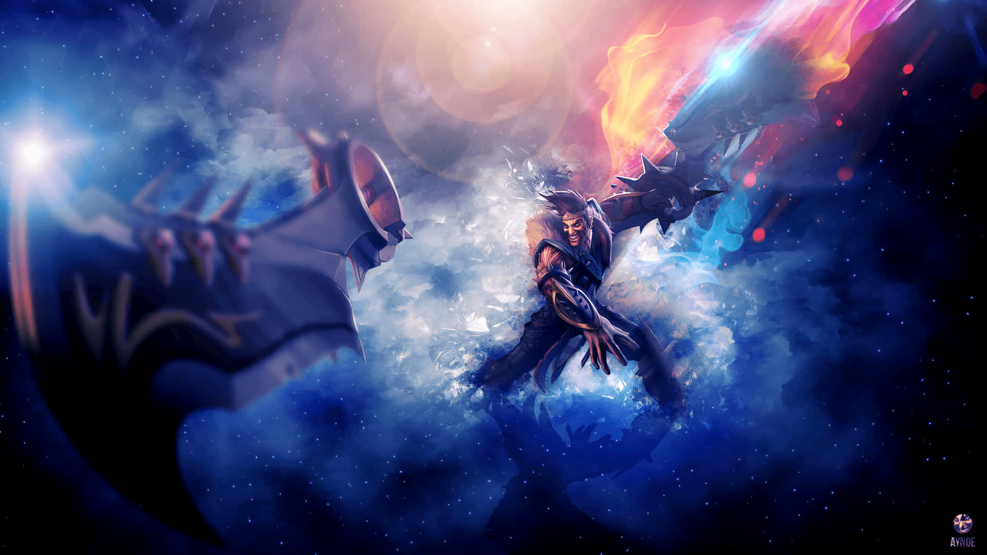 Best League Of Legends 桌布 壁紙 — 一位戰士在宇宙雲層和火焰能量中與巨龍戰鬥的戲劇性奇幻場景。
