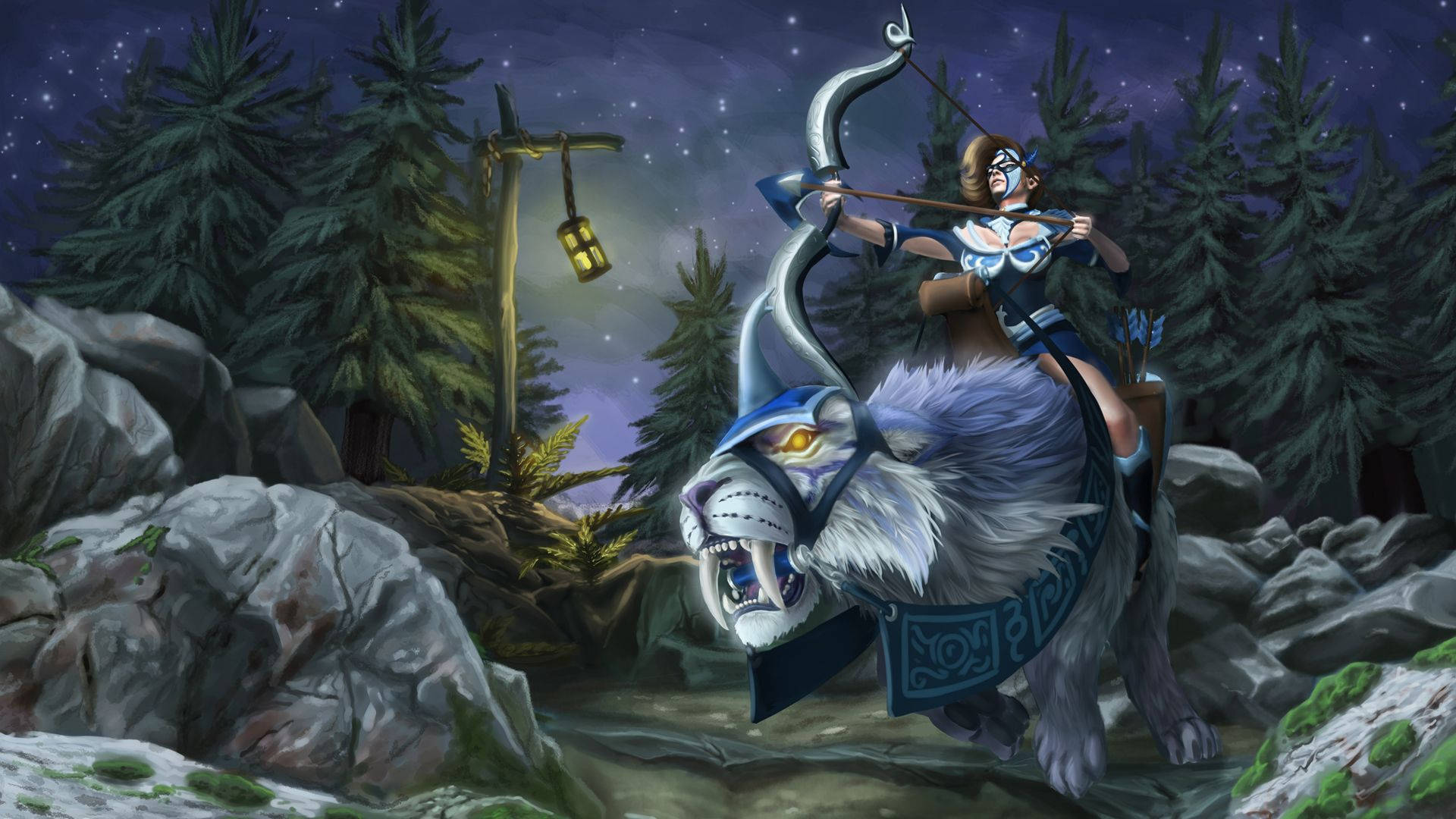 Dota 2 桌布 壁紙 — 一位戰士手持弓箭，騎著一隻咆哮的白虎，在星光閃爍的森林中夜間奔馳，下方懸掛著發光的燈籠。