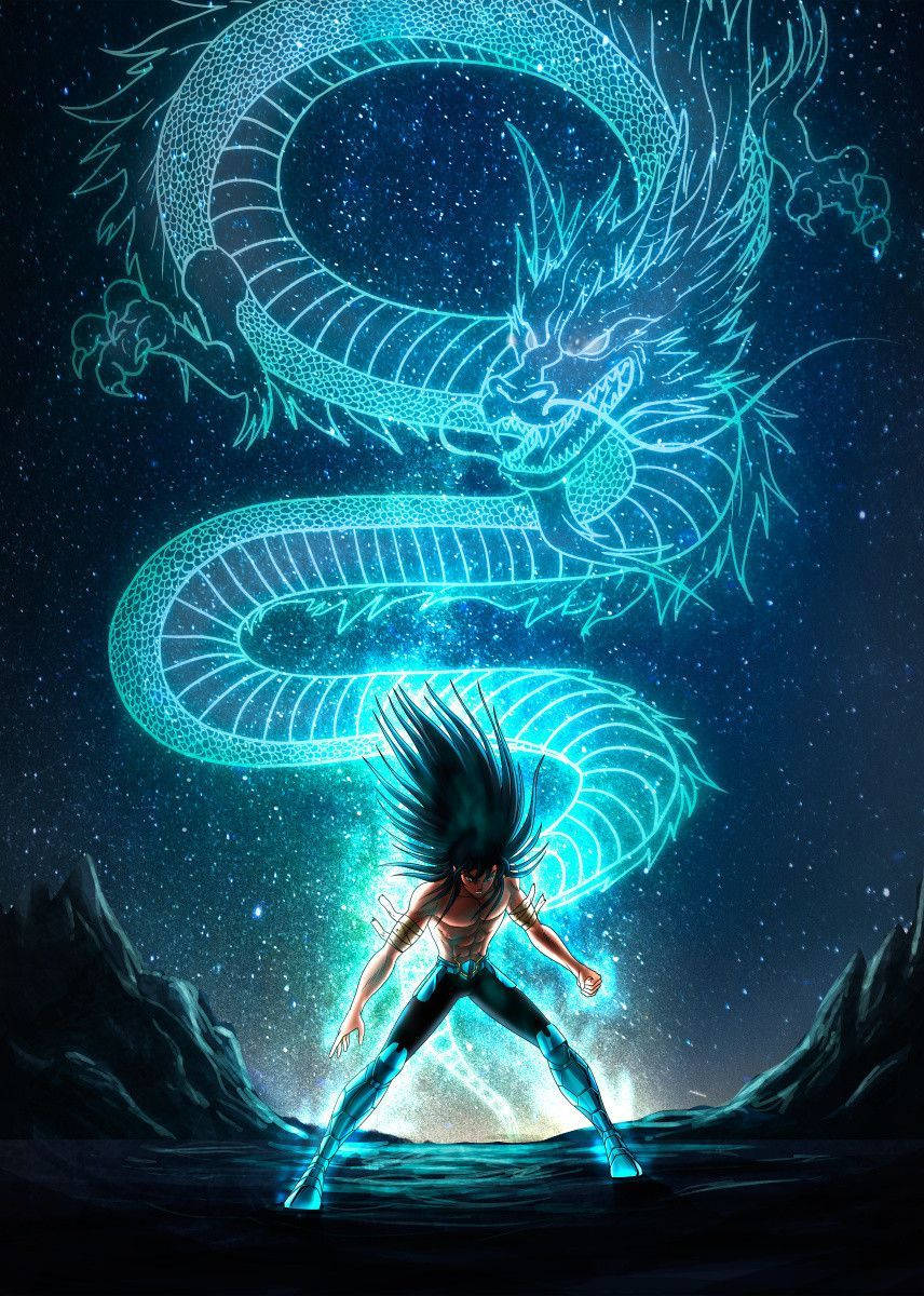 龍 桌布 壁紙 — 一位戰士站在發光的天龍面前，天龍在繁星點點的夜空中盤繞在崎嶇的山脈之上。