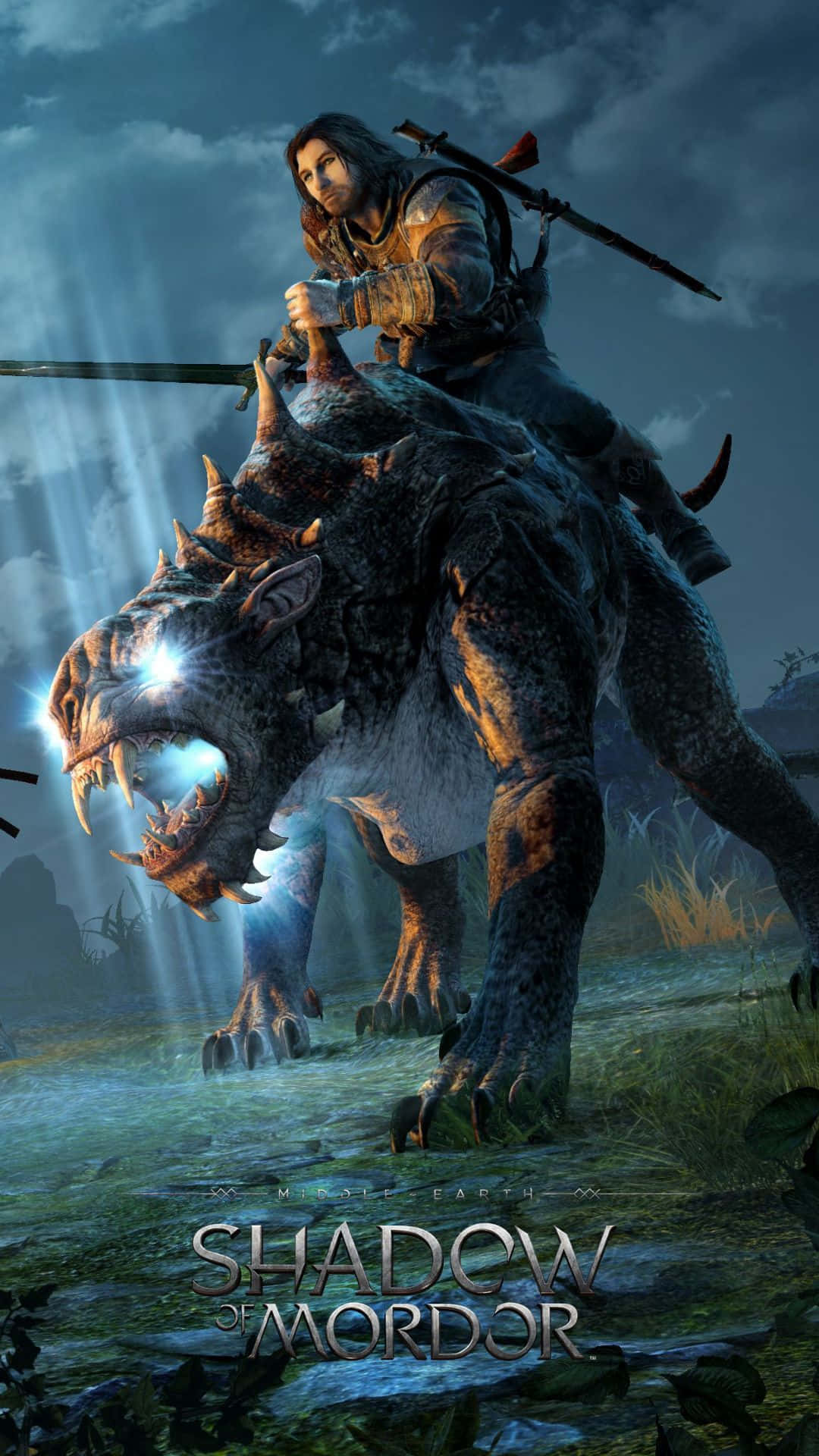Android Shadow Of Mordor 桌布 壁紙 — 一位戰士騎著一隻發光眼睛的怪獸，穿過迷霧籠罩的暮色景觀，構成一個戲劇性的奇幻場景。