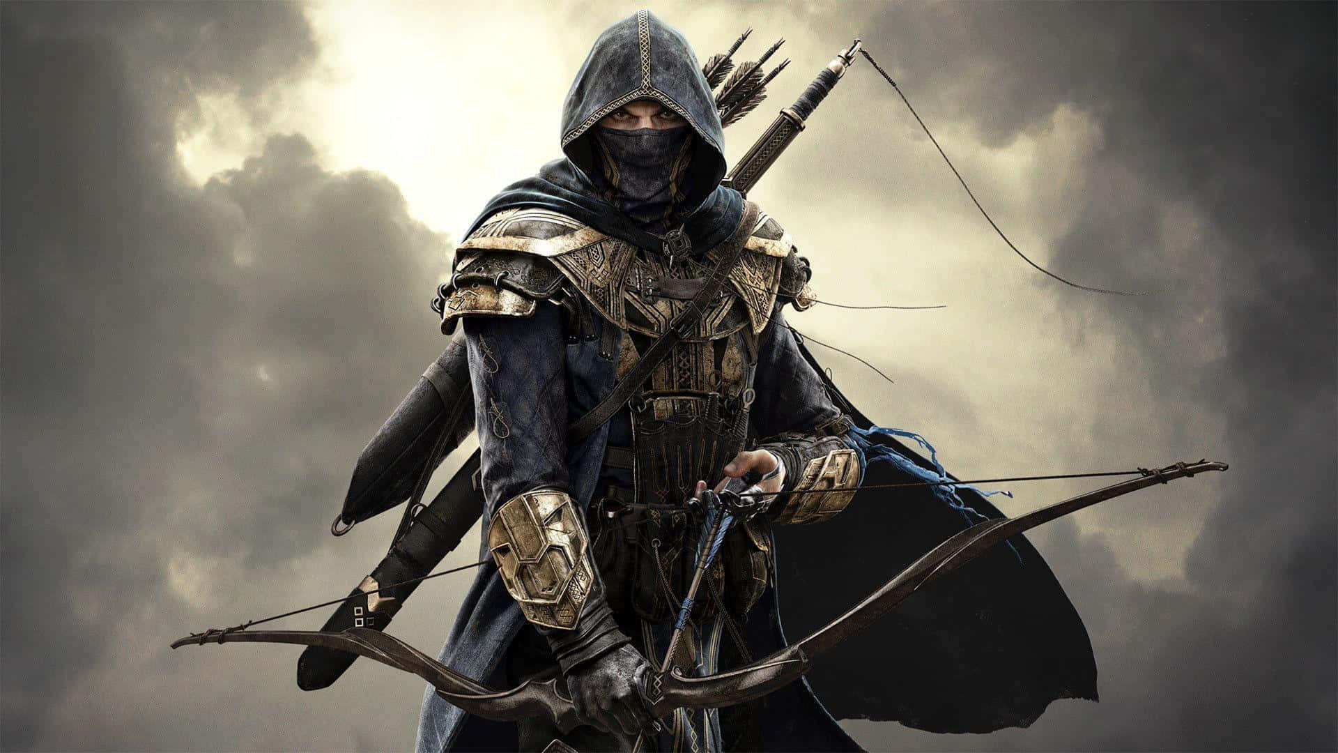 1920 X 1080 HD Gaming 桌布 壁紙 — 一位戴兜帽的弓箭手身穿華麗盔甲，拉弓搭箭，面對風暴天空。