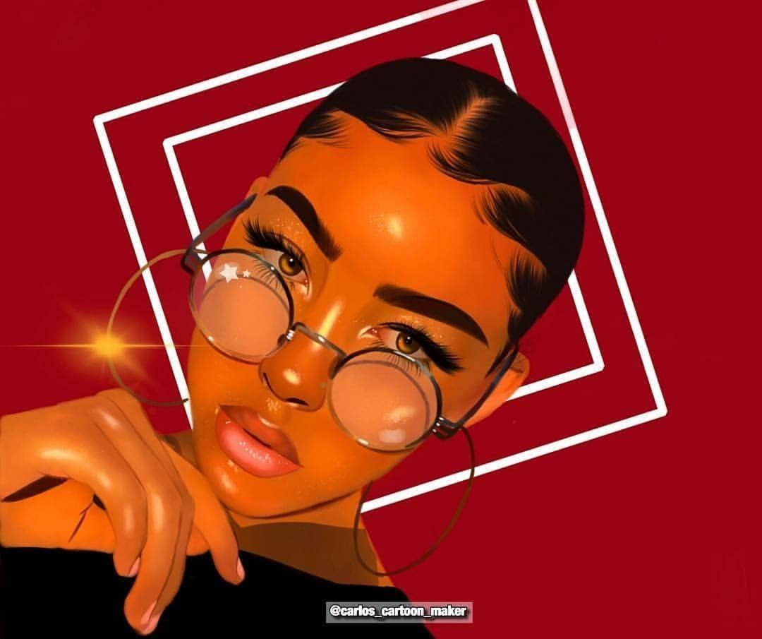 Black Girl 桌布 壁紙 — 一位戴圓框眼鏡、眼睛發光的女性風格化插圖，背景為大膽的紅色，帶有白色幾何框架。