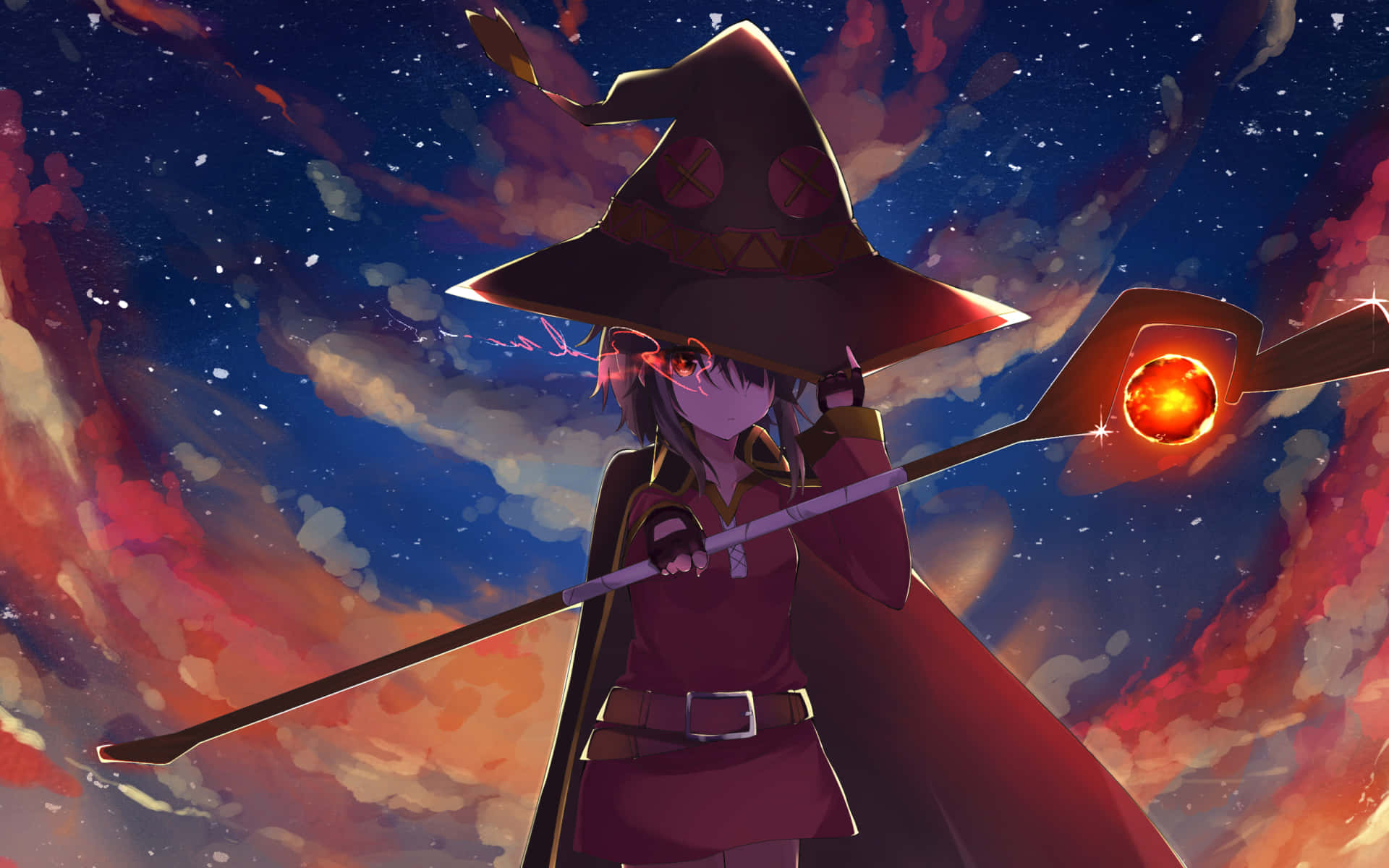 Konosuba 桌布 壁紙 — 一位戴尖帽的年輕女巫，在充滿火雲的 vibrant 宇宙天空下揮舞著發光法杖。
