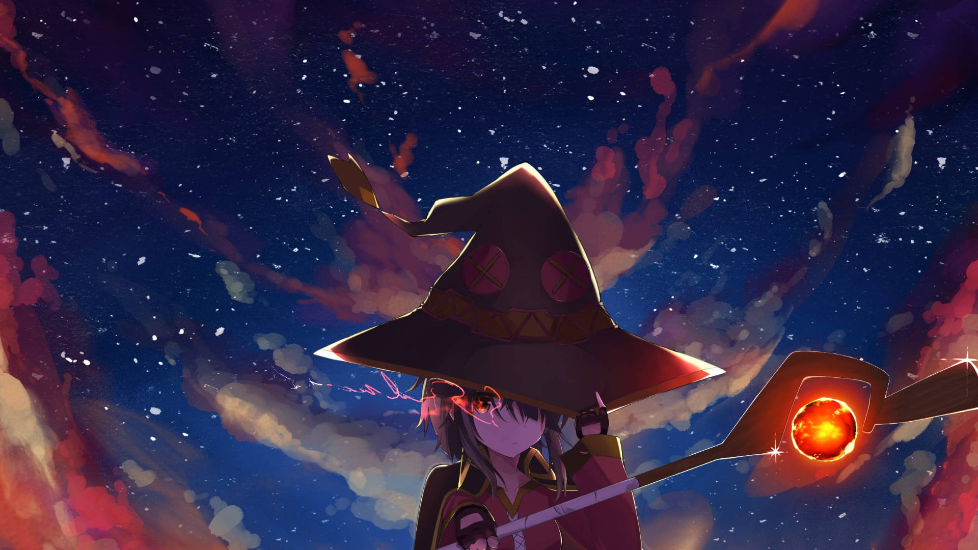 Witchy 桌布 壁紙 — 一位戴尖帽的年輕女巫揮舞著發光的法杖，背景是佈滿火雲的星空夜空。