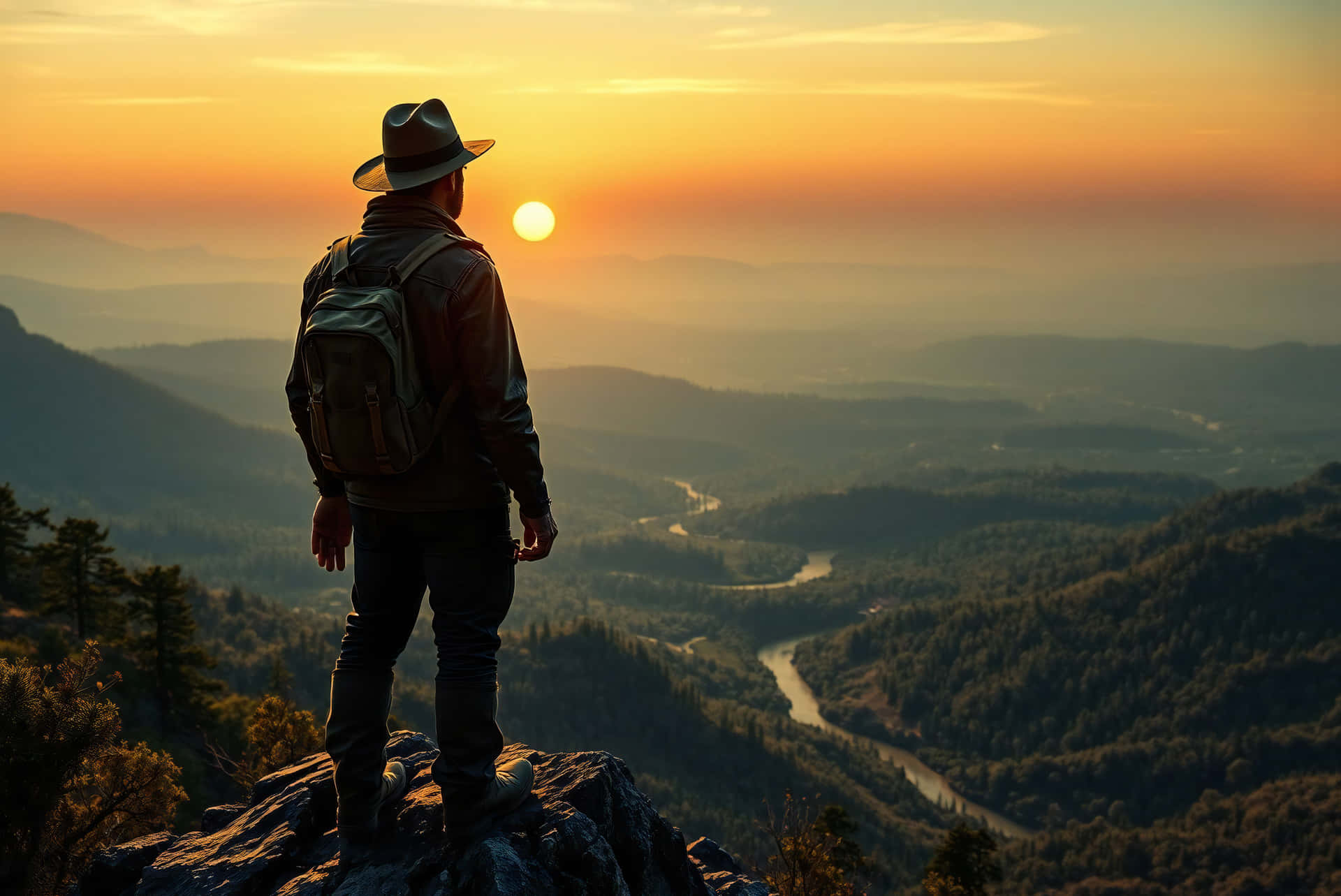 Traveler on Top Of a Mountain In Sunset 壁紙 — 一位戴帽子和背背包的遠足者站在岩石山頂上，觀看日落蜿蜒的河流和層層疊疊的山谷。