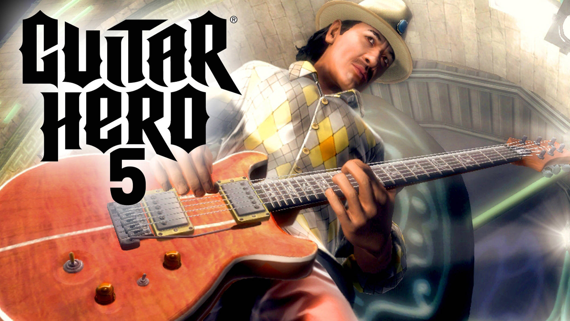 Guitar Hero 5 遊戲封面，戴帽子的吉他手彈奏紅色電吉他。 — 吉他英雄 壁紙
