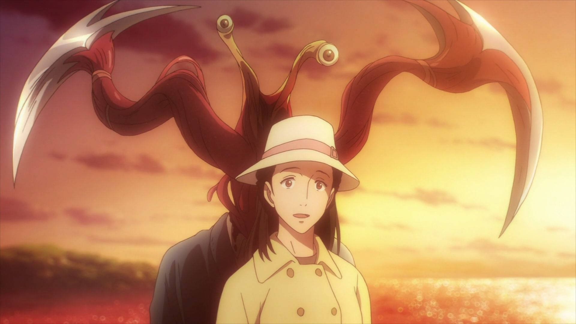 Parasyte 桌布 壁紙 — 一位戴帽子的年輕女子站在超現實的日落前，身後出現帶有眼睛的巨大紅色鐮刀狀翅膀。