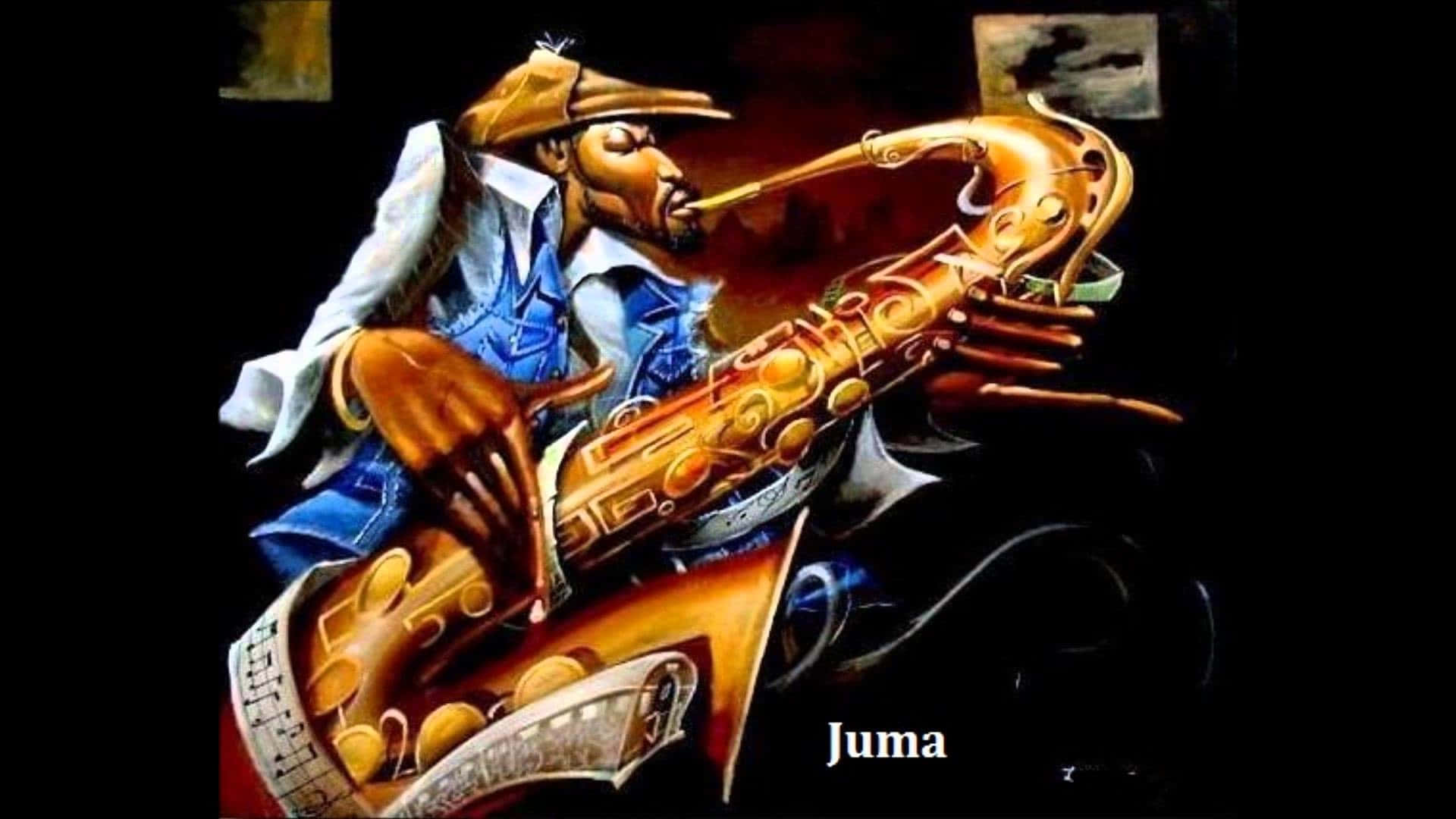 Jazz 桌布 壁紙 — 一位戴帽子的爵士音樂家在深色背景下熱情地演奏一支飾有音符的金色薩克斯風。