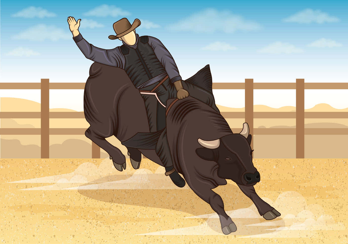 Bull Rider 桌布 壁紙 — 一位戴帽子的牛仔在塵土飛揚的牛仔競技場上騎著一隻彈跳的黑色公牛，背景是晴朗的藍天。