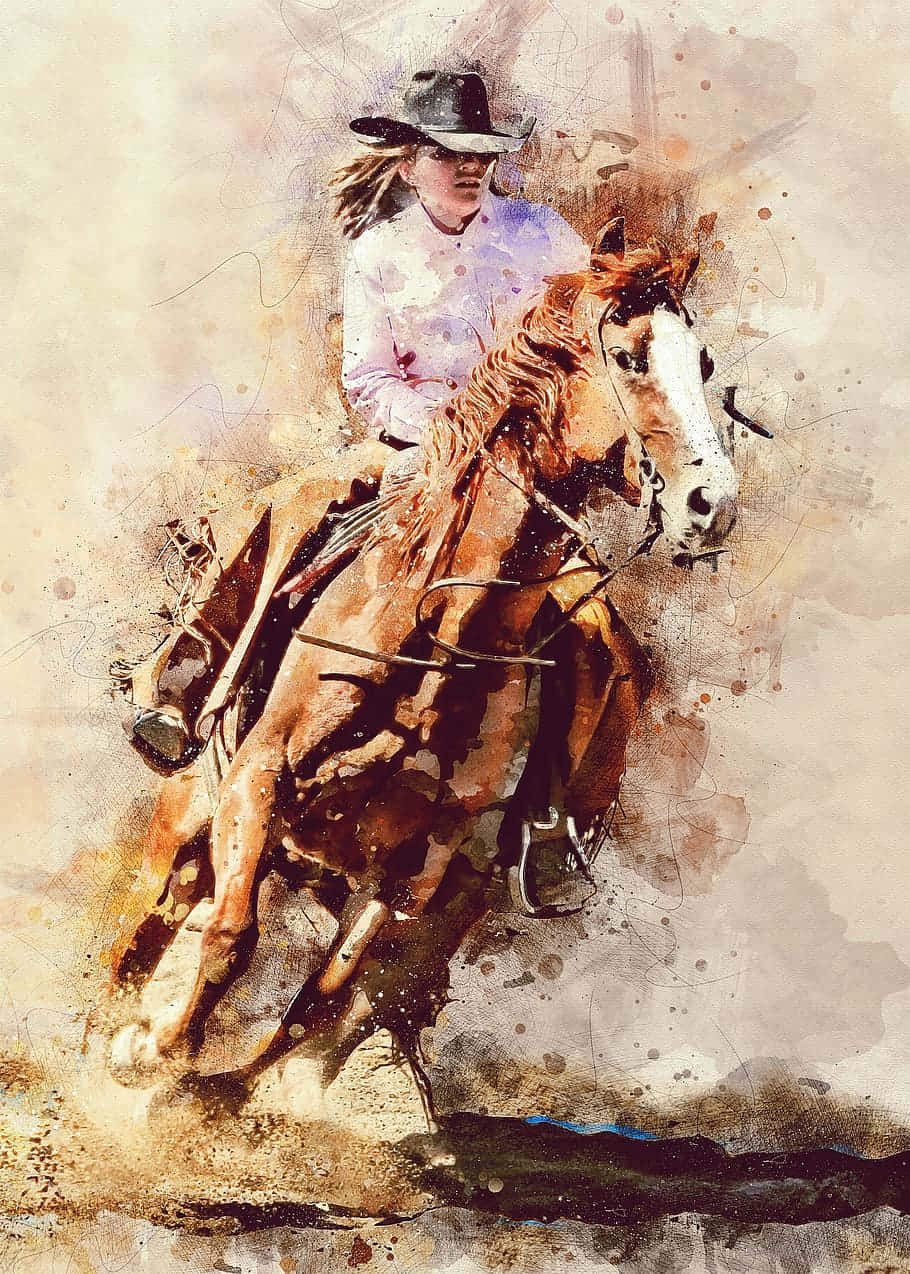 Rodeo 桌布 壁紙 — 一位戴帽子的牛仔騎手騎著一匹棕馬，以動態水彩風格奔馳在塵土飛揚的風景中。