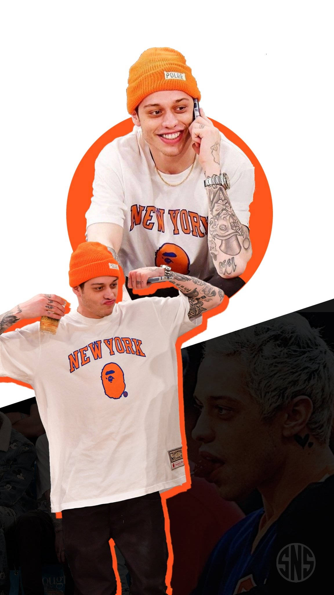 New 桌布 壁紙 — 一位戴橙色毛帽、身穿白色New York Bape T恤的年輕男子，一邊打電話一邊微笑，手臂上可見刺青。