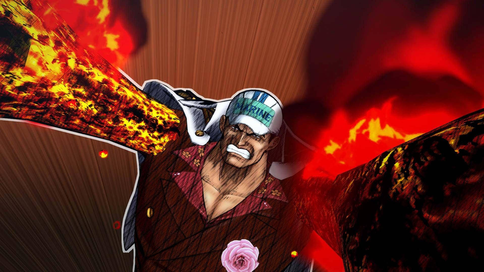 akainu 桌布 壁紙 — 一位戴白帽、穿紅外套的兇猛動漫戰士，在戲劇性的戰鬥場景中釋放出火焰能量。