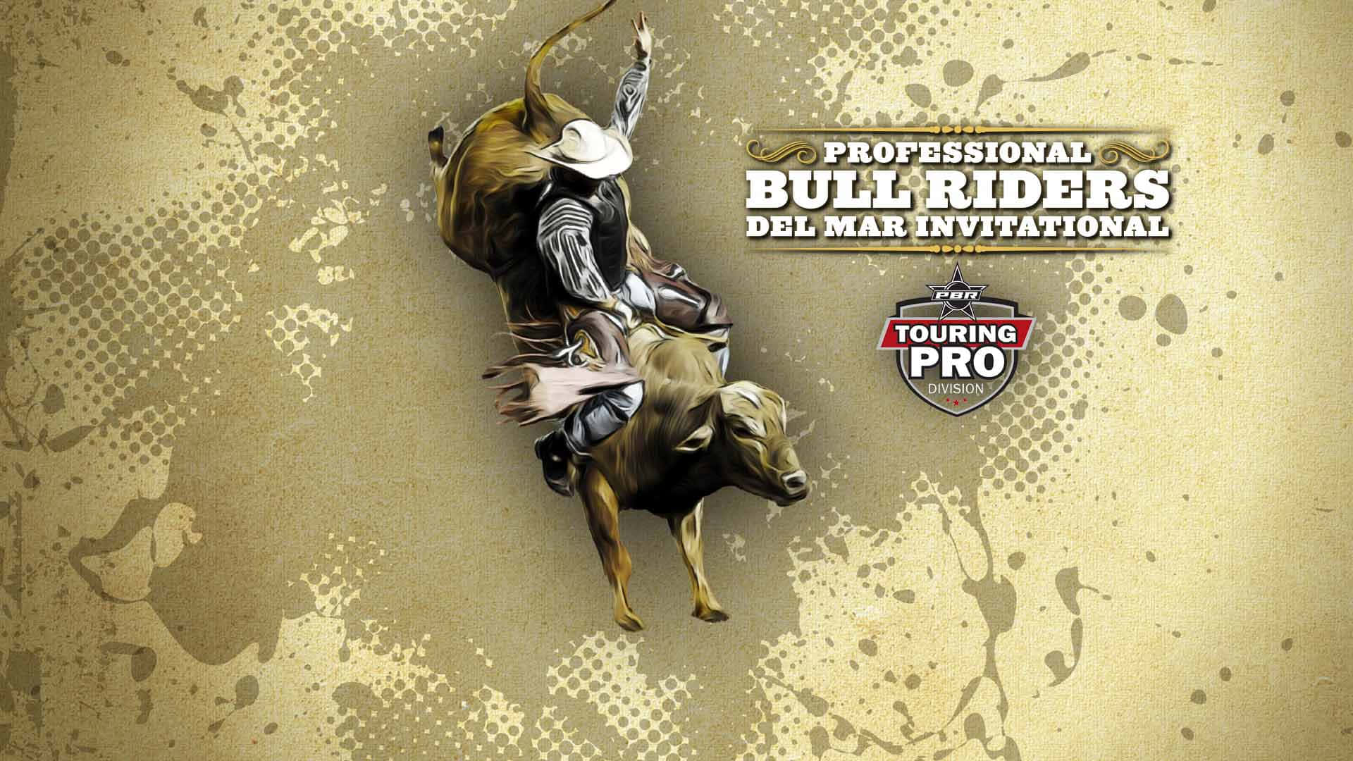Rodeo 桌布 壁紙 — 一位戴白帽的牛仔騎手在帶有活動品牌標識的紋理米色背景上緊抓著一頭狂跳的公牛。