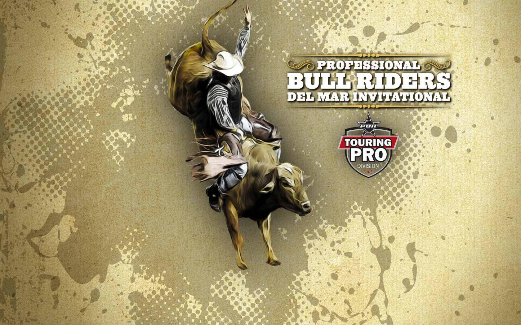 Bull Riding 桌布 壁紙 — 一位戴白帽的牛仔騎手在帶紋理的米色背景上緊抓著一頭狂跳的公牛，並附有活動文字。