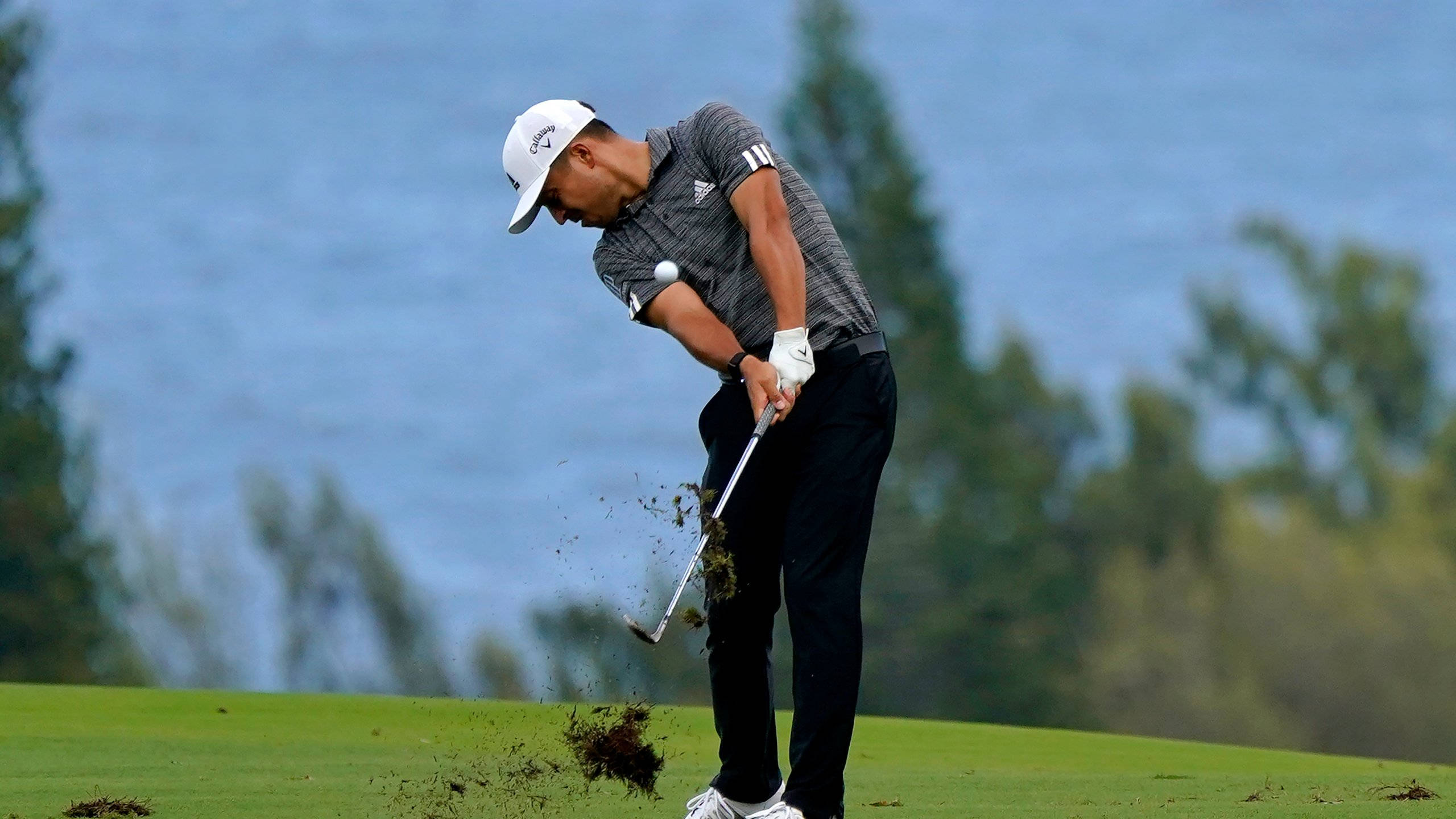 Pga 桌布 壁紙 — 一位戴白色帽子和條紋襯衫的高爾夫球手正在揮桿，從翠綠球場的沙坑中擊球。