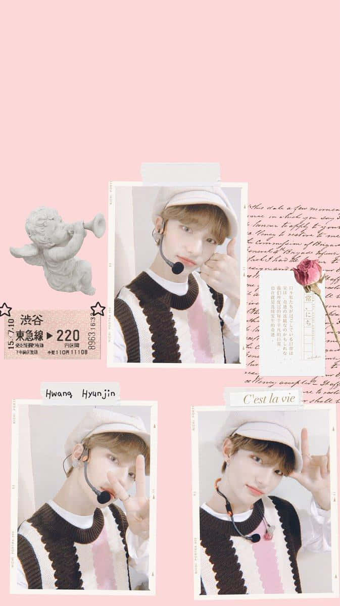 hyunjin 桌布 壁紙 — 一位戴白色鴨舌帽、穿條紋毛衣的年輕男子，在帶有裝飾元素的柔和粉紅色背景前，以三張照片拼貼的方式擺姿勢。