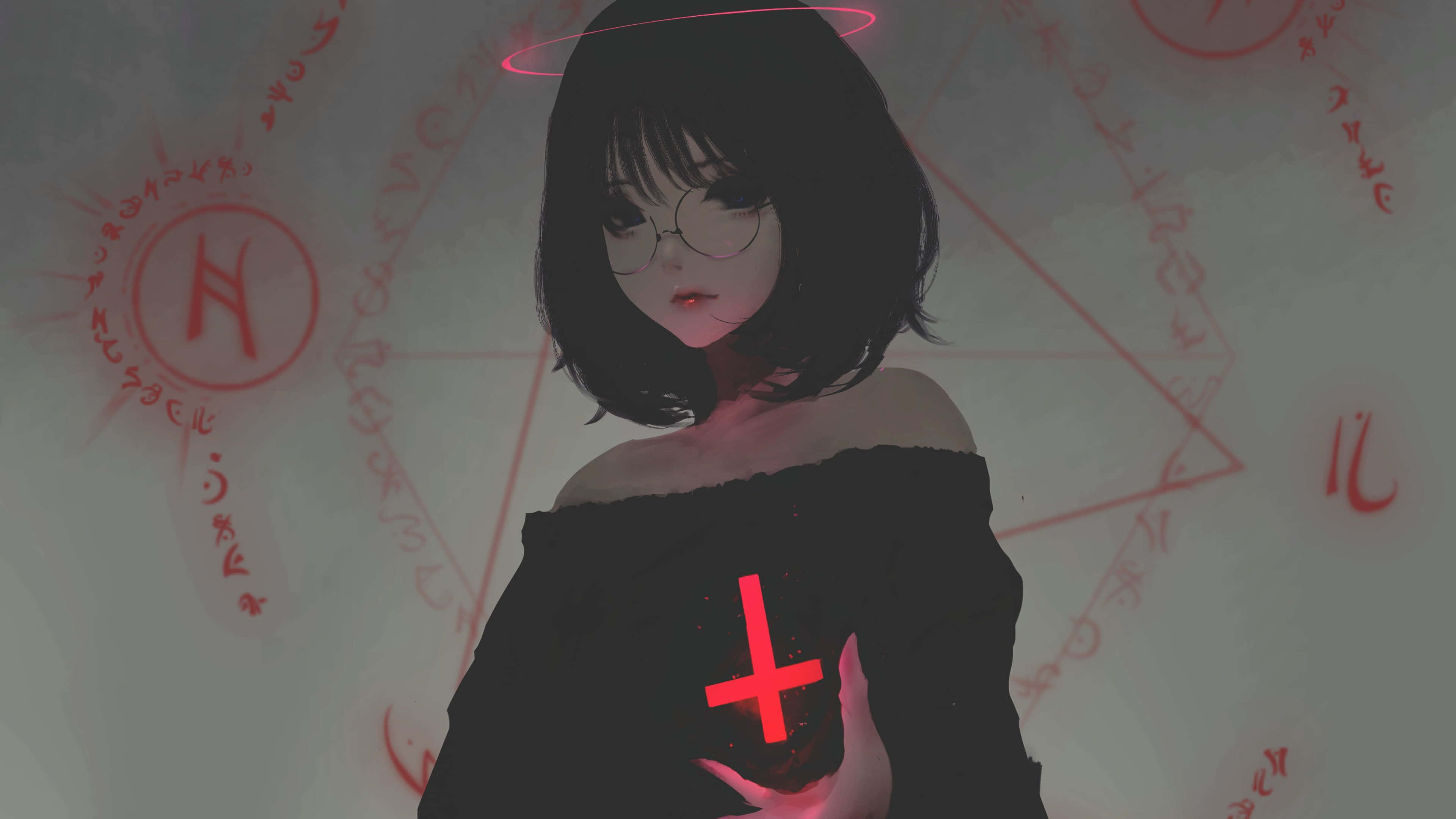 Goth 桌布 壁紙 — 一位戴眼鏡、帶光環的年輕動漫女孩，在神秘的紅色符號和符文之中手持發光的紅色十字架。