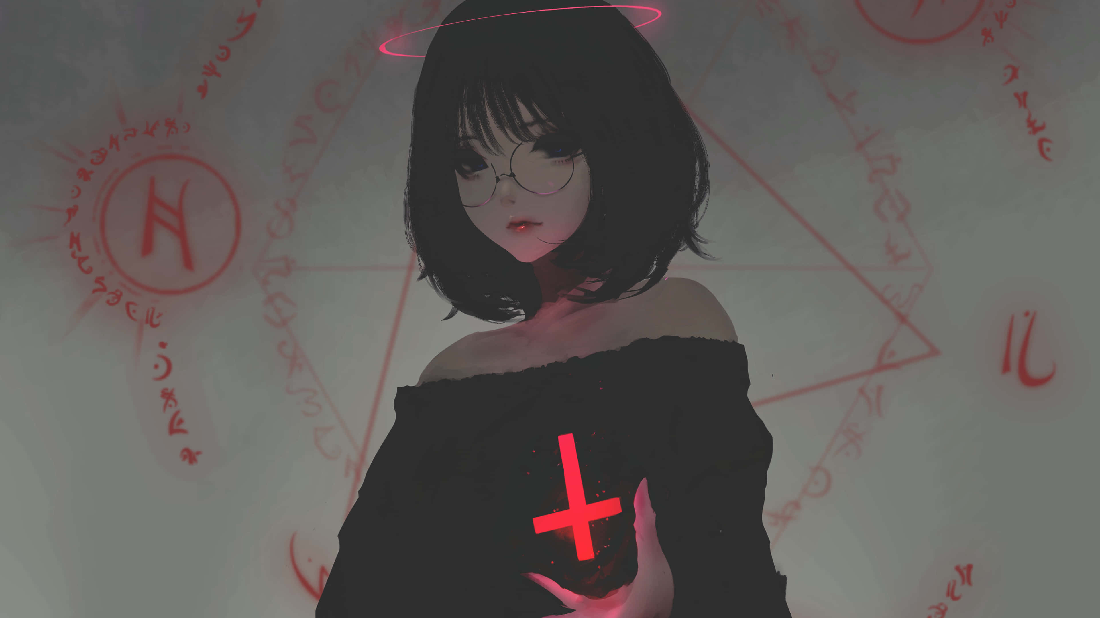 桌布 壁紙 — 一位戴眼鏡、帶光環的年輕動漫女孩，在漂浮的 occult 符號中手持發光的紅色十字架。