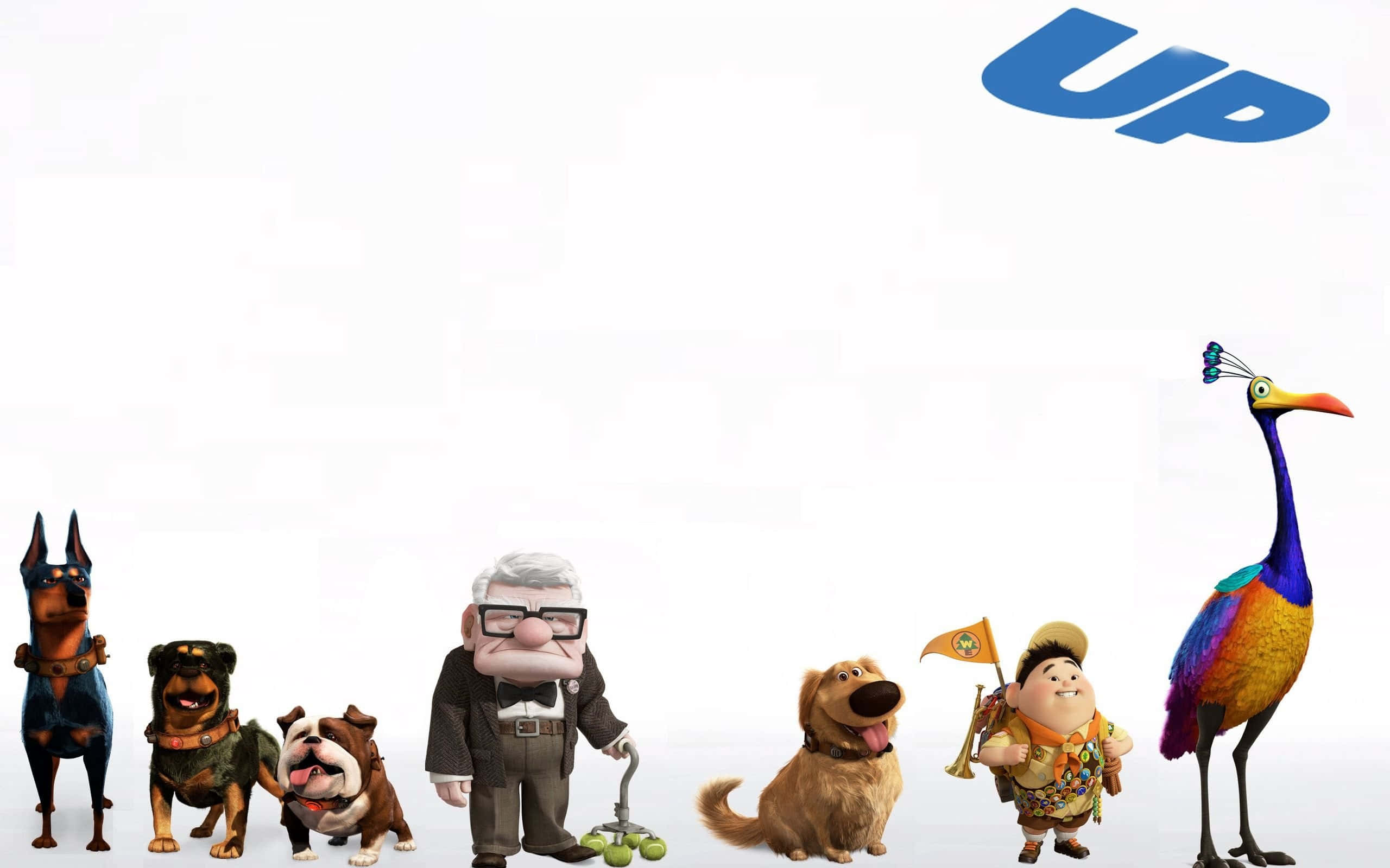 Animated 桌布 壁紙 — 一位戴眼鏡、拄拐杖的長者，與他忠誠的狗和色彩繽紛的鳥伴侶站在純白色背景前，背景上有藍色的「UP」字樣。