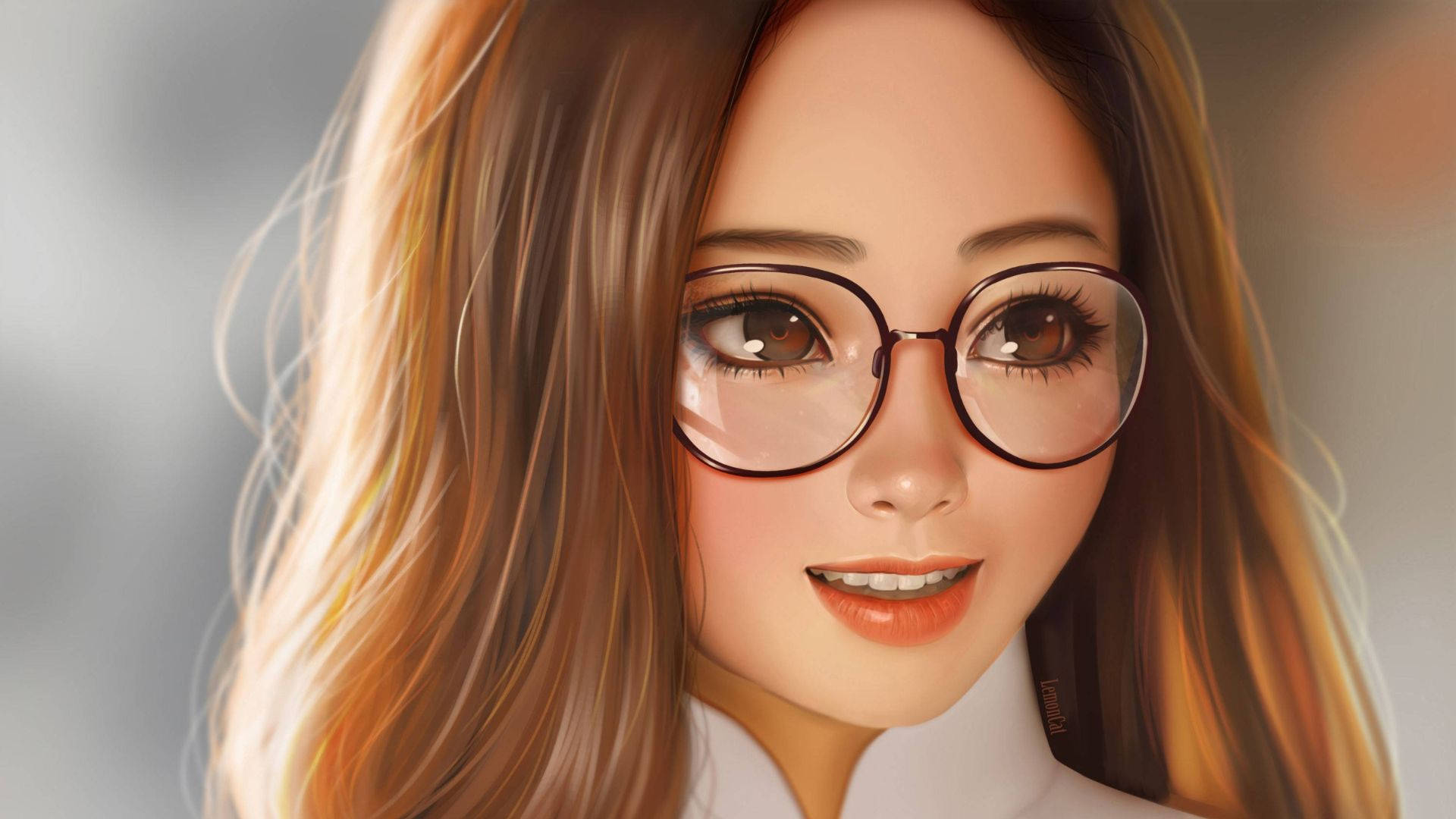 girls 桌布 壁紙 — 一位戴眼鏡、擁有溫暖棕色頭髮的年輕女性的特寫肖像，側面柔和打光。
