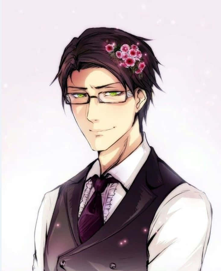 William T. Spears 桌布 壁紙 — 一位戴眼鏡、深色頭髮上插著粉紅色花朵的英俊動漫男子，在閃閃發光的白色背景上溫柔微笑。