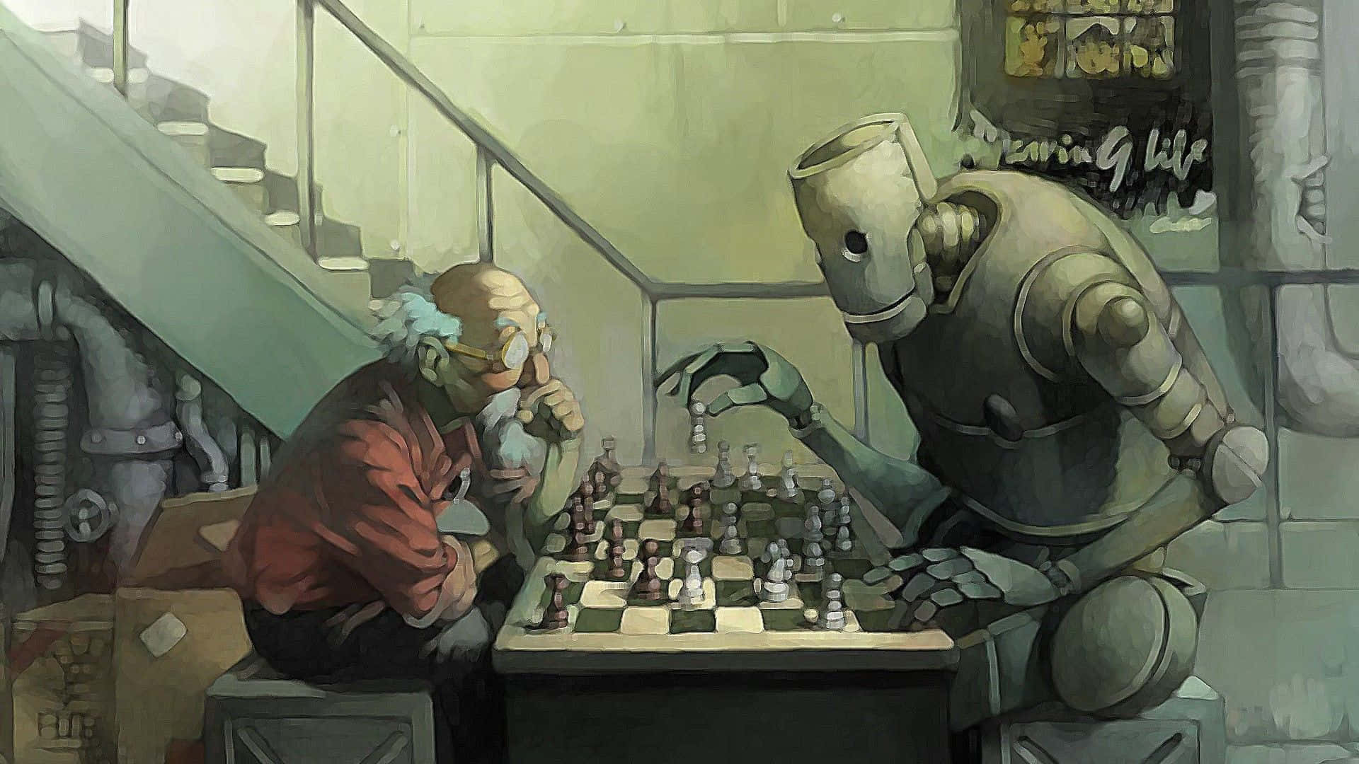 思考 桌布 壁紙 — 一位戴眼鏡、留白鬍子的長者，在燈光昏暗的工業地下室與金屬機器人下棋。