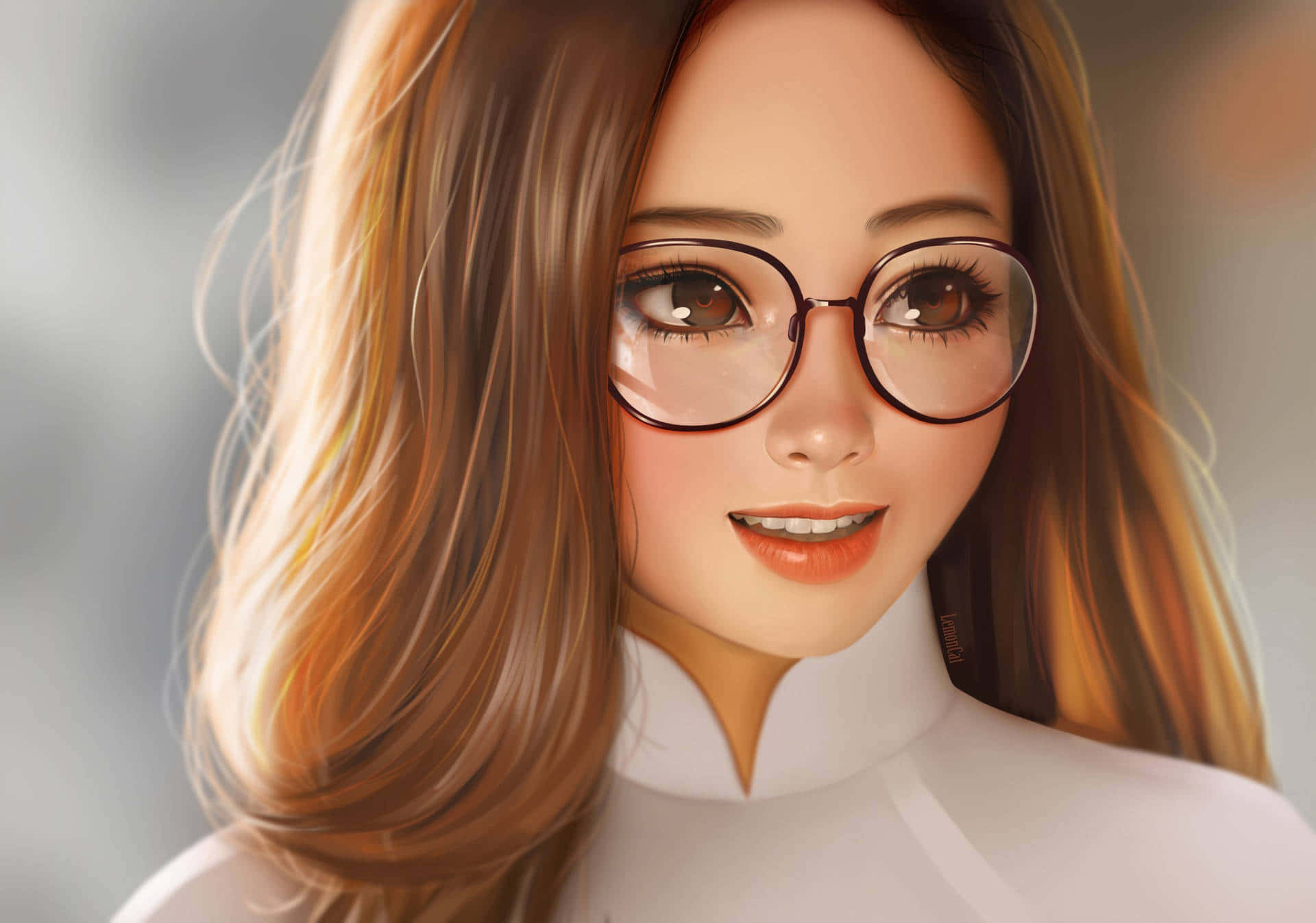Cute Girl 桌布 壁紙 — 一位戴眼鏡、留著飄逸棕色長髮、身穿白色高領上衣的年輕微笑女子的特寫肖像。