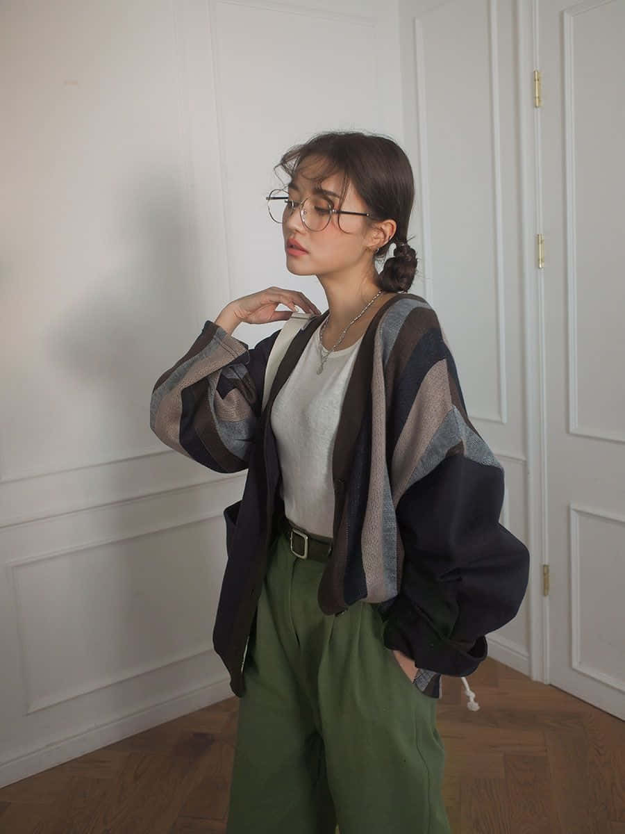 波希米亞風 桌布 壁紙 — 一位戴眼鏡、紮辮子馬尾的年輕女性在室內擺姿勢，身穿條紋開襟衫、綠色長褲和白色上衣。
