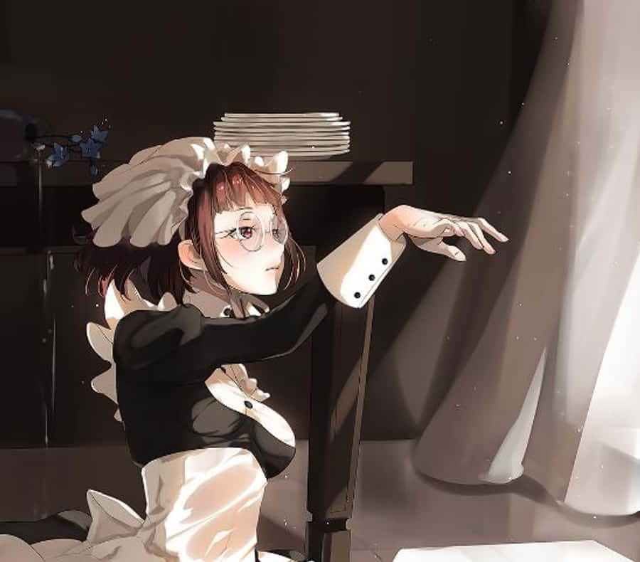 Mey-rin 桌布 壁紙 — 一位戴眼鏡、繫著大蝴蝶結的年輕動漫女僕，在昏暗的房間裡優雅地靠在桌子上。