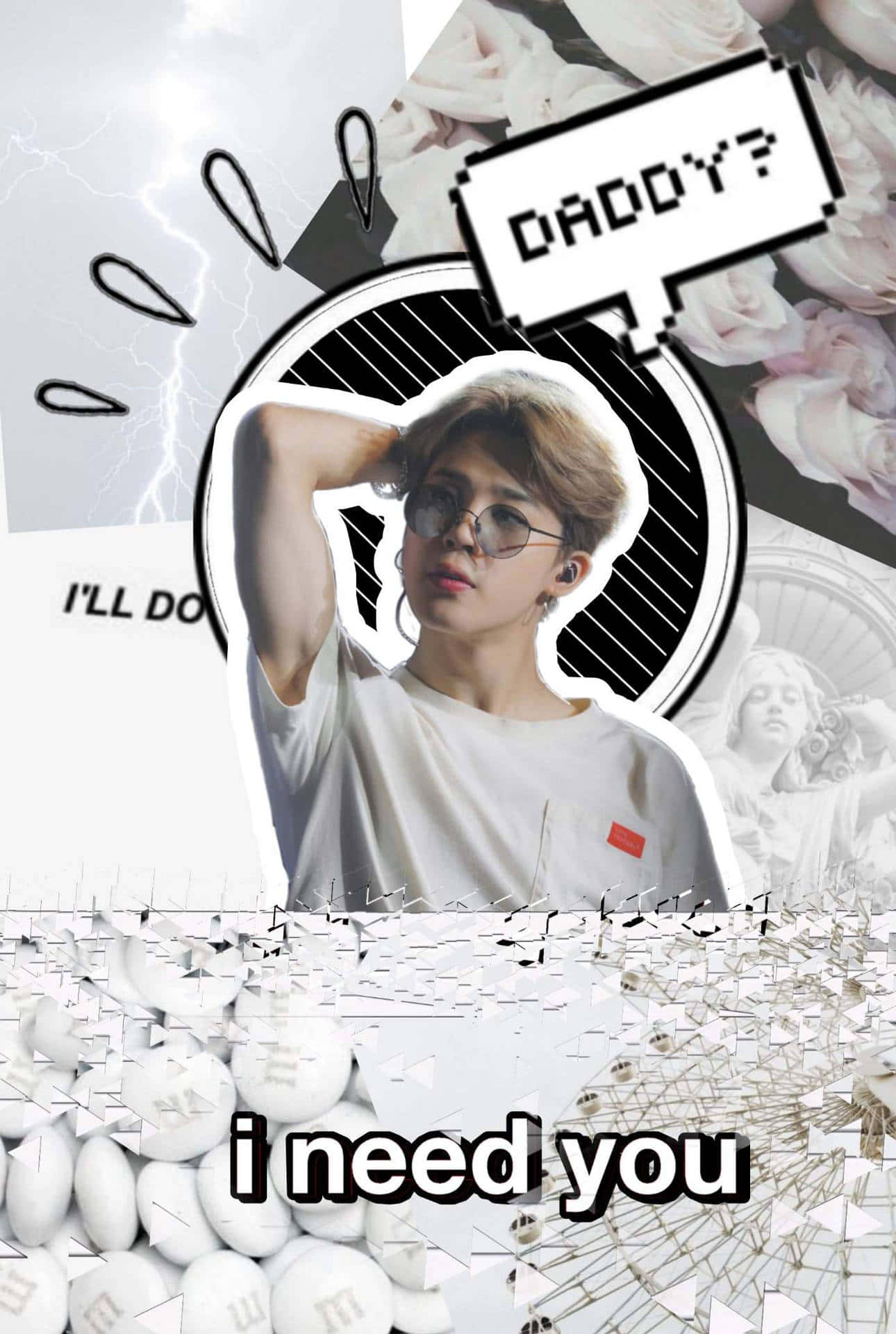 Jimin Aesthetic 桌布 壁紙 — 一位戴眼鏡、身穿白色T恤的年輕男子，在玫瑰、閃電、文字和碎玻璃效果的拼貼中擺姿勢。