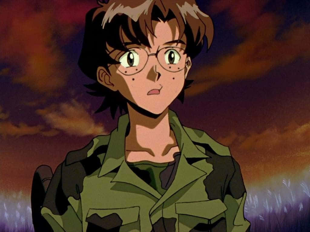 Kensuke Aida 桌布 壁紙 — 一位戴眼鏡、身穿迷彩外套的年輕動漫女孩，專注地凝視著火紅的夕陽天空。