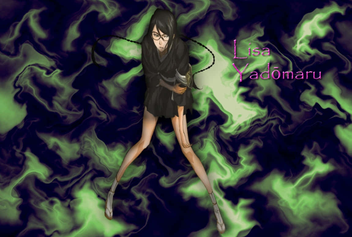 Lisa Yadomaru 桌布 壁紙 — 一位戴眼鏡、身穿黑色服裝的動漫女孩在黑暗背景中漂浮於旋轉的綠色能量之中。