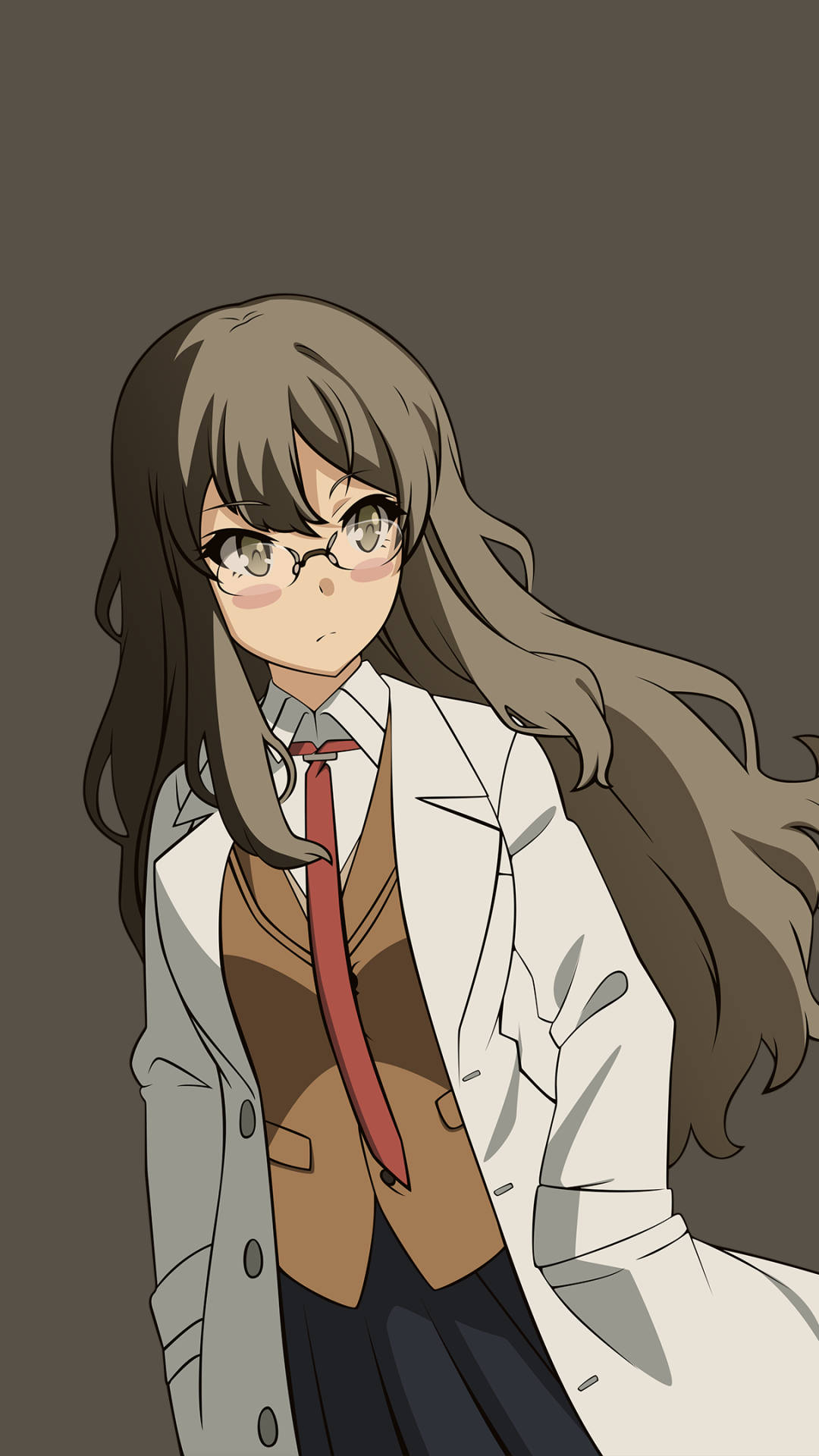 Rascal Does Not Dream Of Bunny Girl Senpai 桌布 壁紙 — 一位戴眼鏡、長棕色頭髮的年輕動漫女孩，在純灰色背景前穿著白色實驗室外套在校服外面。
